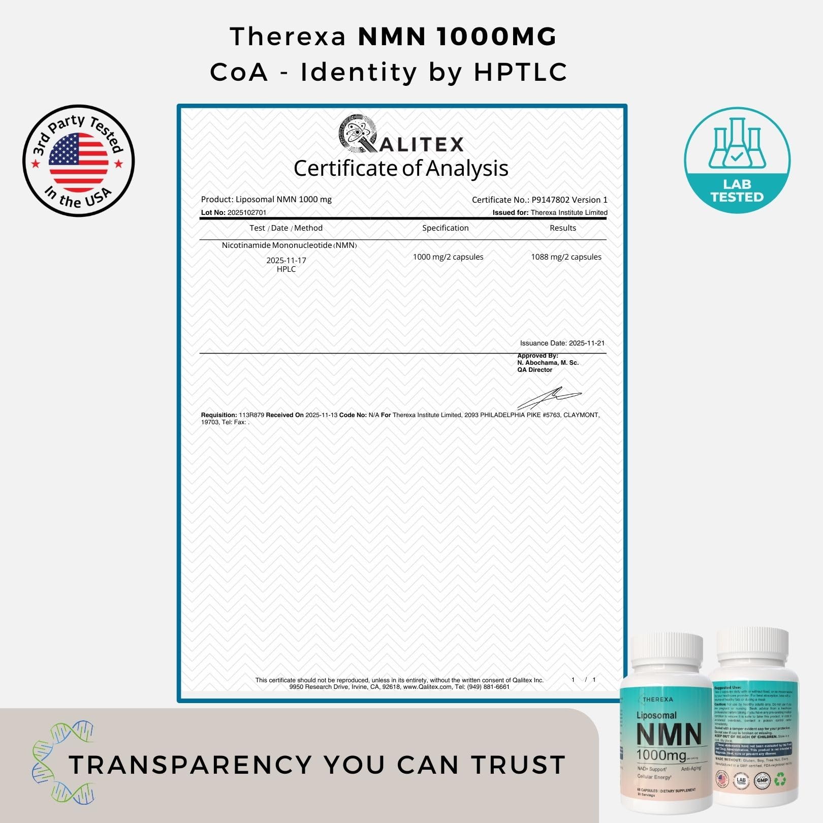 NMN Supplement 1000mg Pure - Liposomal NMN for NAD+ Supplement, Tested in USA, 60 Capsules THEREXA uk supplements