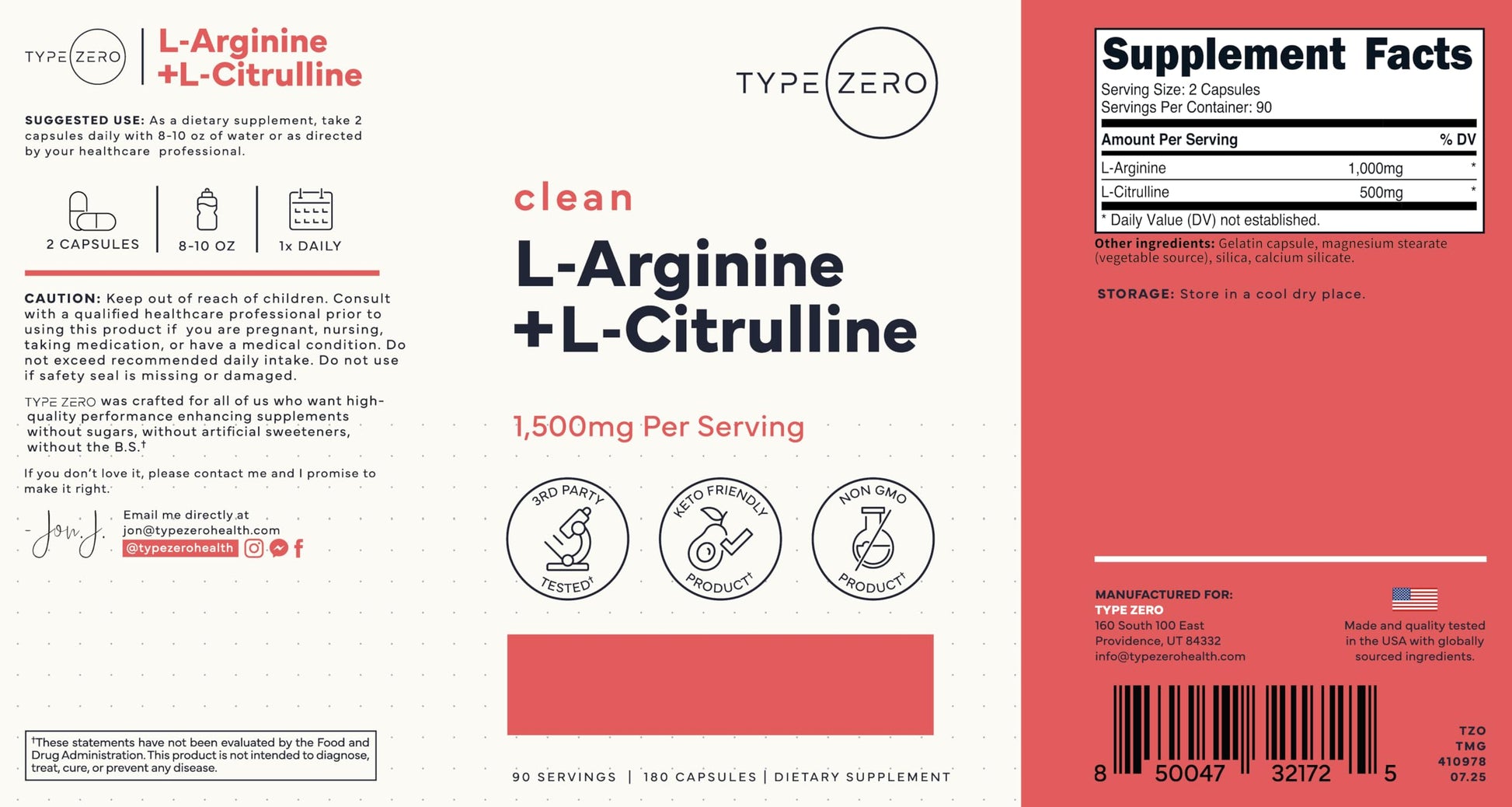 Type Zero L-Arginine + L-Citrulline Supplement (1500mg) - Nitric Oxide Booster - Clean, Keto-Friendly, GMO-Free, 180 Capsules, 90 Servings Type Zero uk supplements