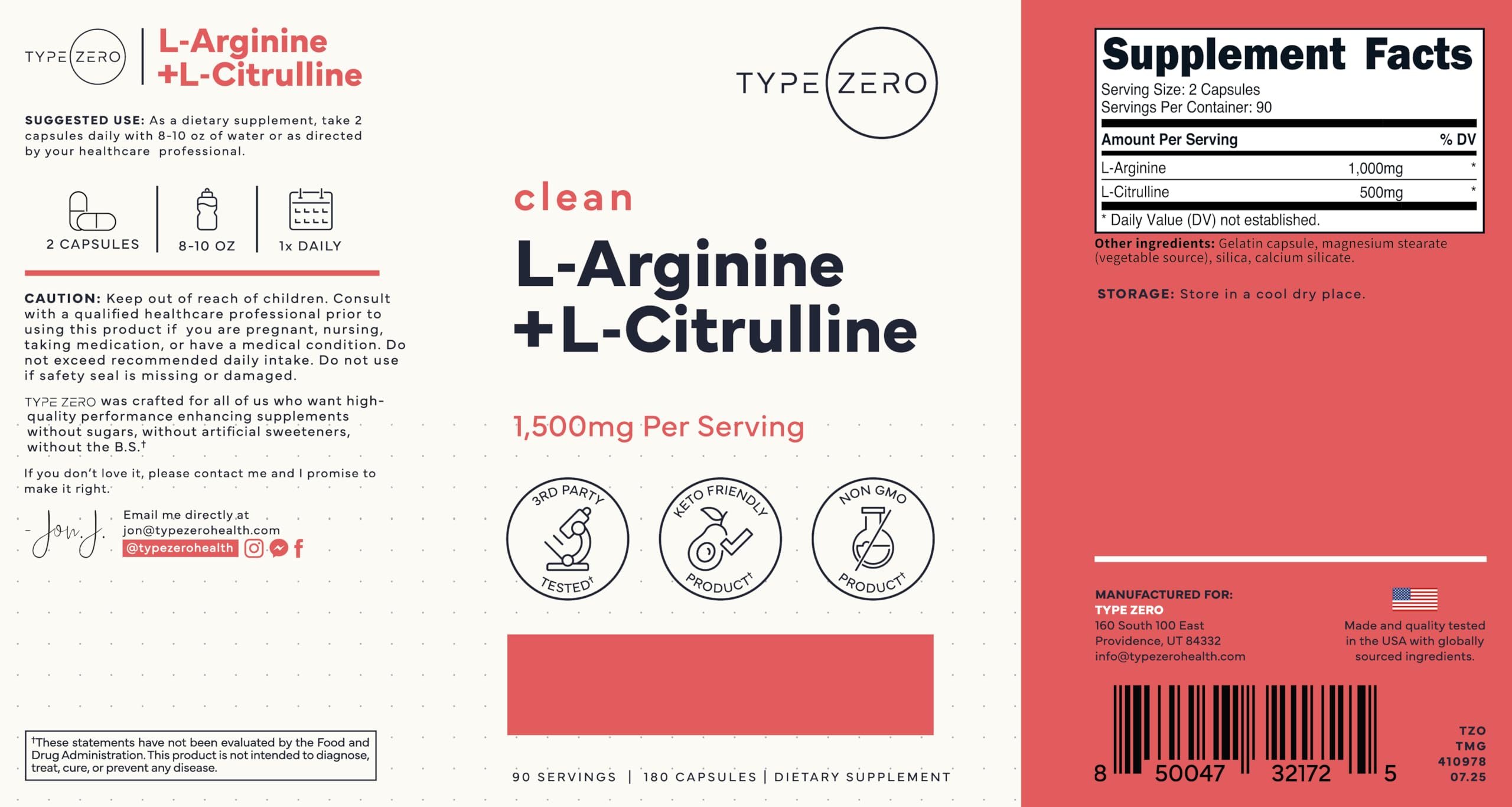 Type Zero L-Arginine + L-Citrulline Supplement (1500mg) - Nitric Oxide Booster - Clean, Keto-Friendly, GMO-Free, 180 Capsules, 90 Servings Type Zero uk supplements