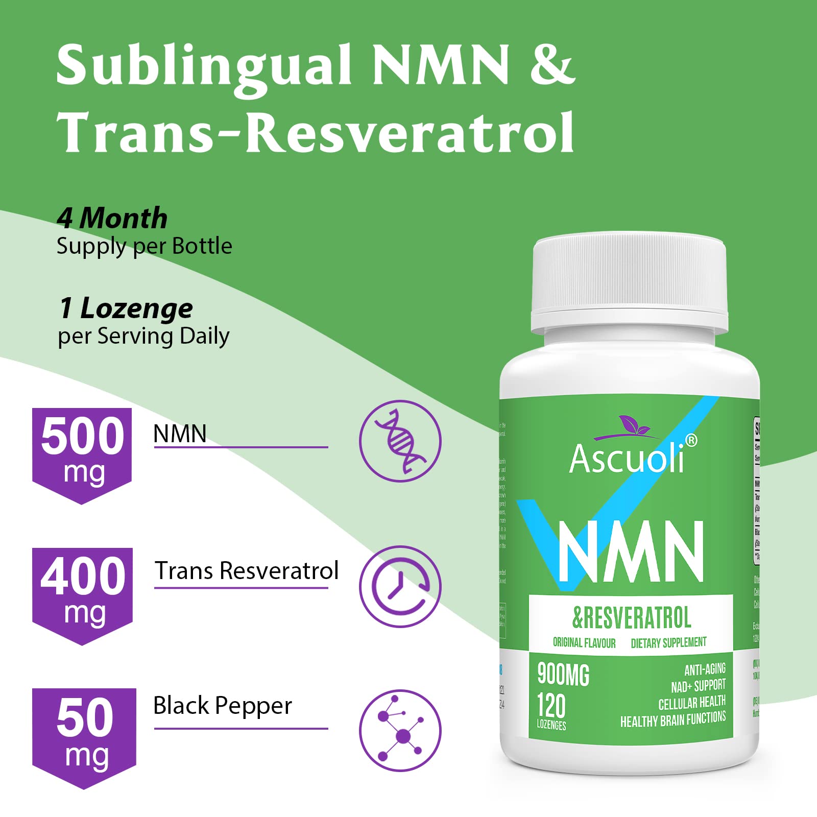 Sublingual NMN 500mg + Trans-Resveratrol 400mg, 3-in-1 Advanced Formula 99% Pure NMN Resveratrol Supplement for Boost* NAD, Cell, Immune, Energy & Muscle, Anti-Aging, 120 Lozenges (120-Day Supply) Ascuoli uk supplements