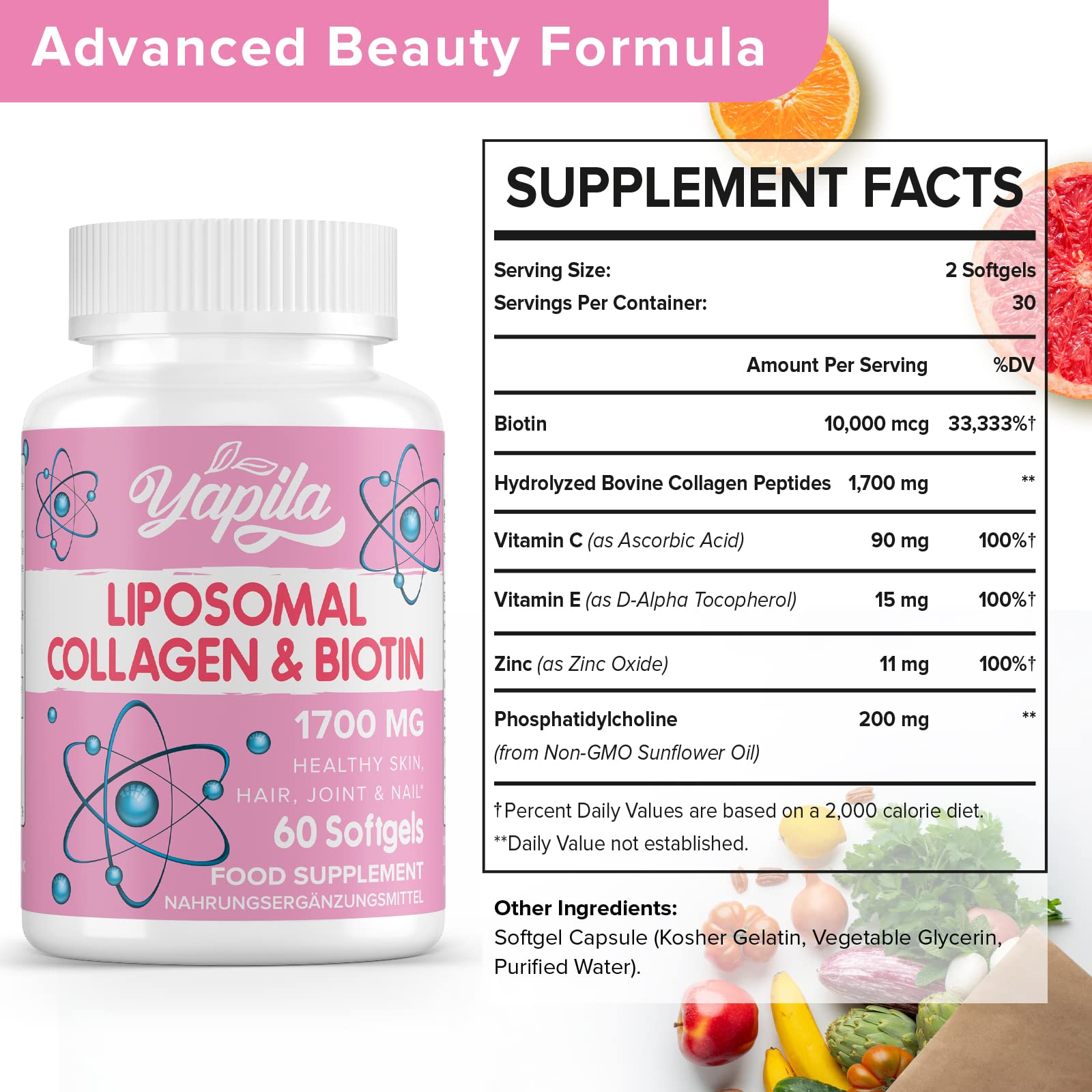 Liposomal Collagen Biotin Capsules, Hydrolyzed Bovine Collagen Peptides 1700 mg, Types 1 & 3 Protein Yapila uk supplements