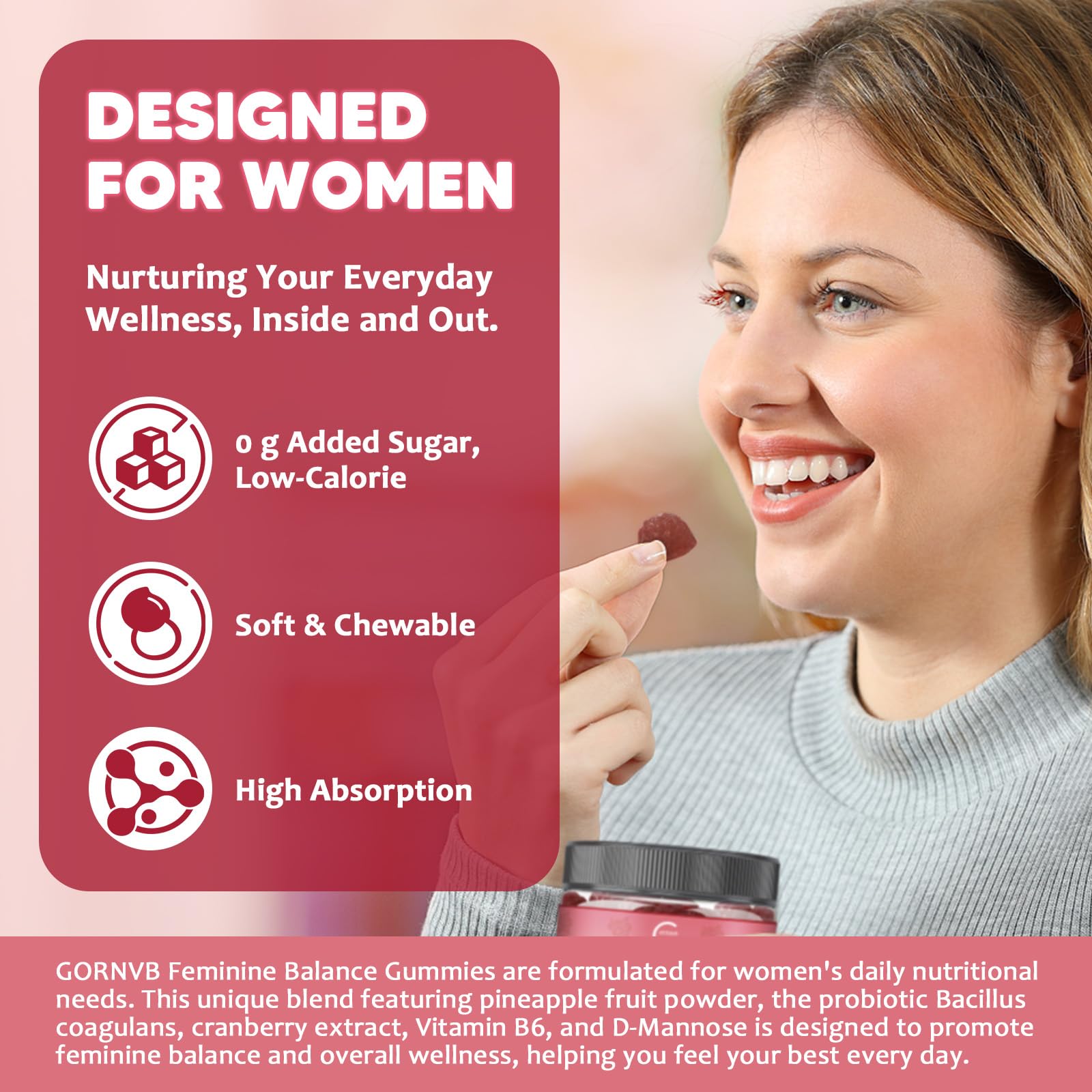 GORNVB Premium Feminine Balance Gummies for Women, Support pH Balance & Vaginal Probiotics Health Gummies with Cranberry Pineapple Powder, D-Mannose, Sugar Free, Gluten Free, Vegan GORNVB uk supplements