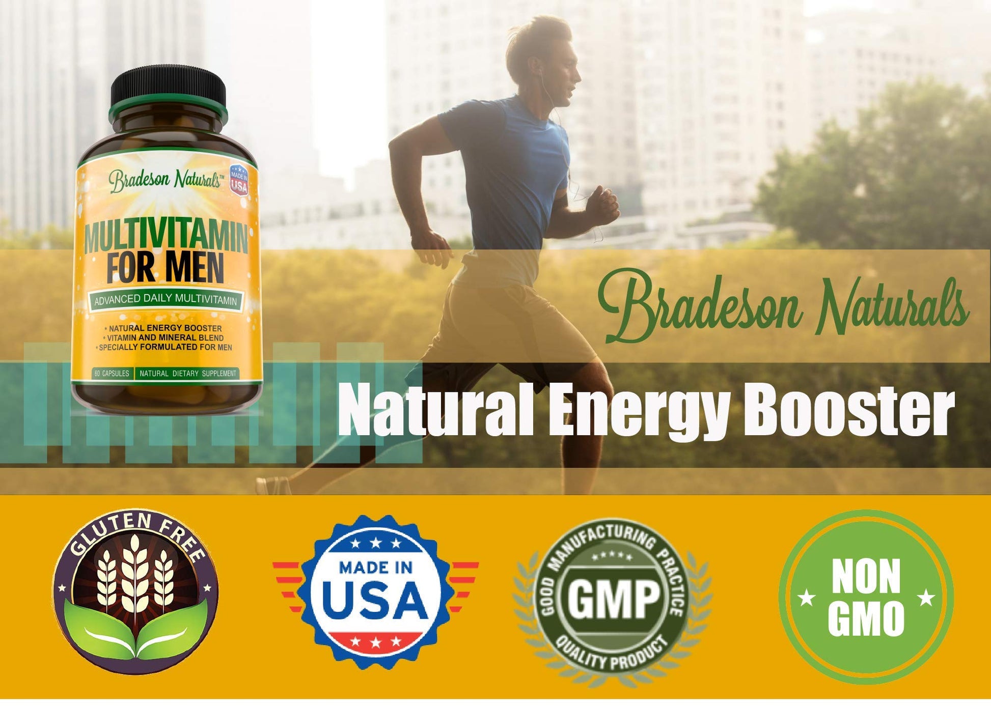 Bradeson Naturals Men's Multivitamin Supplement for Energy, Focus and Performance. Mens Vitamins A, C, D, E & B12, Zinc, Calcium, Magnesium & More. Multi Vitamin 60 Capsules Made in The USA Bradeson Naturals uk supplements