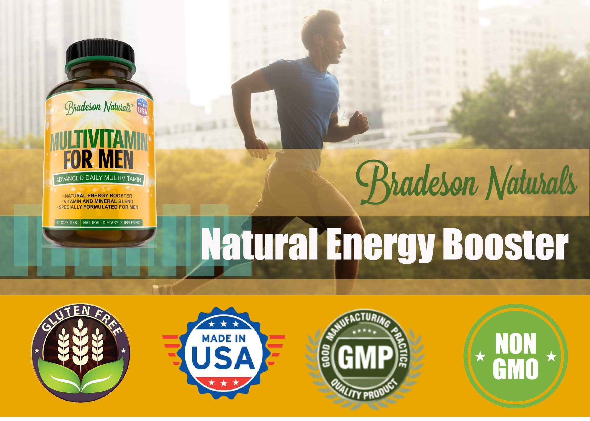 Bradeson Naturals Men's Multivitamin Supplement for Energy, Focus and Performance. Mens Vitamins A, C, D, E & B12, Zinc, Calcium, Magnesium & More. Multi Vitamin 60 Capsules Made in The USA Bradeson Naturals uk supplements
