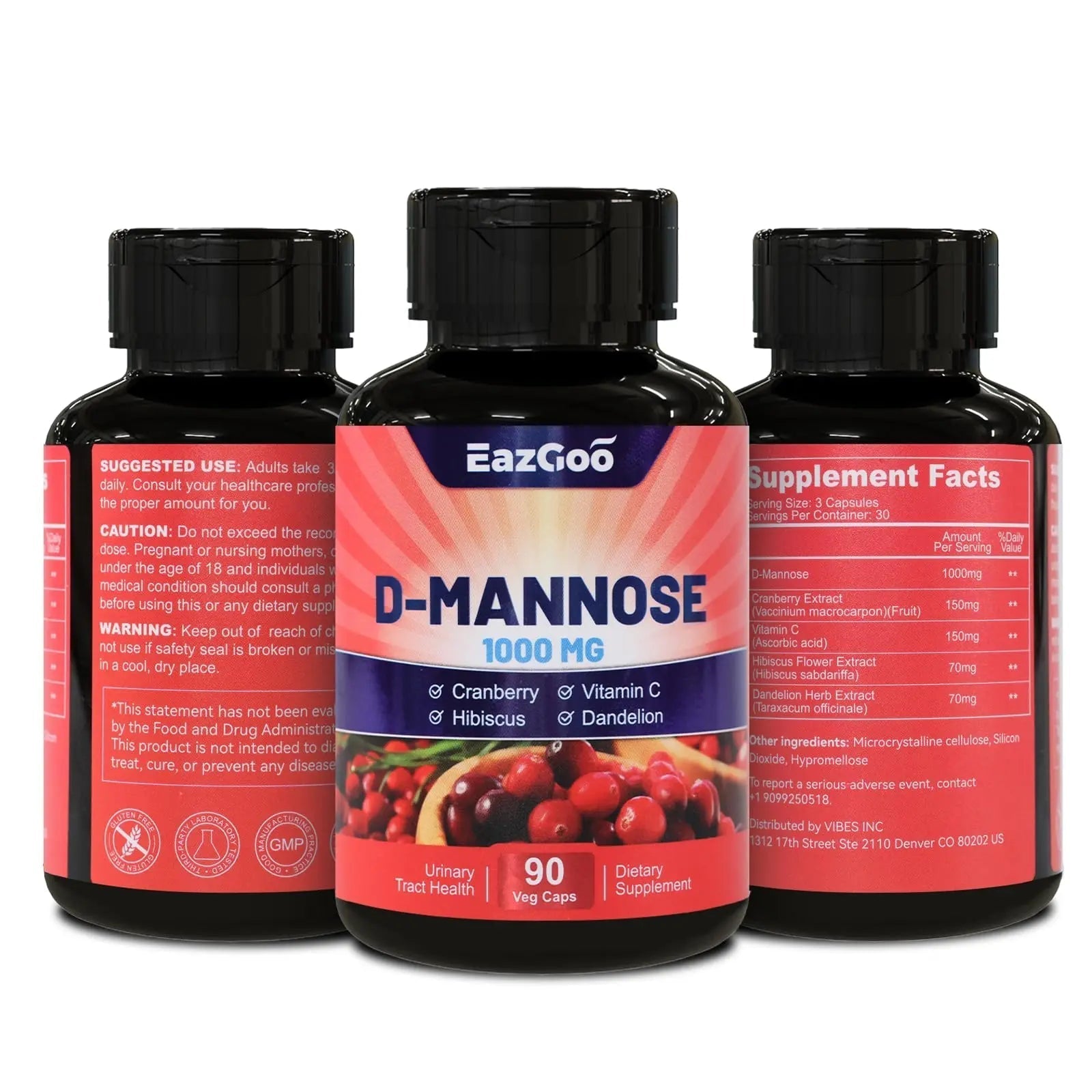 EAZGOO D-Mannose Supplement – 1000mg Capsules with Cranberry, Vitamin C, Hibiscus & Dandelion Extract, Support Urinary Health, D Mannose & Cranberry Capsules, 90 Count(Pack of 2) EAZGOO uk supplements