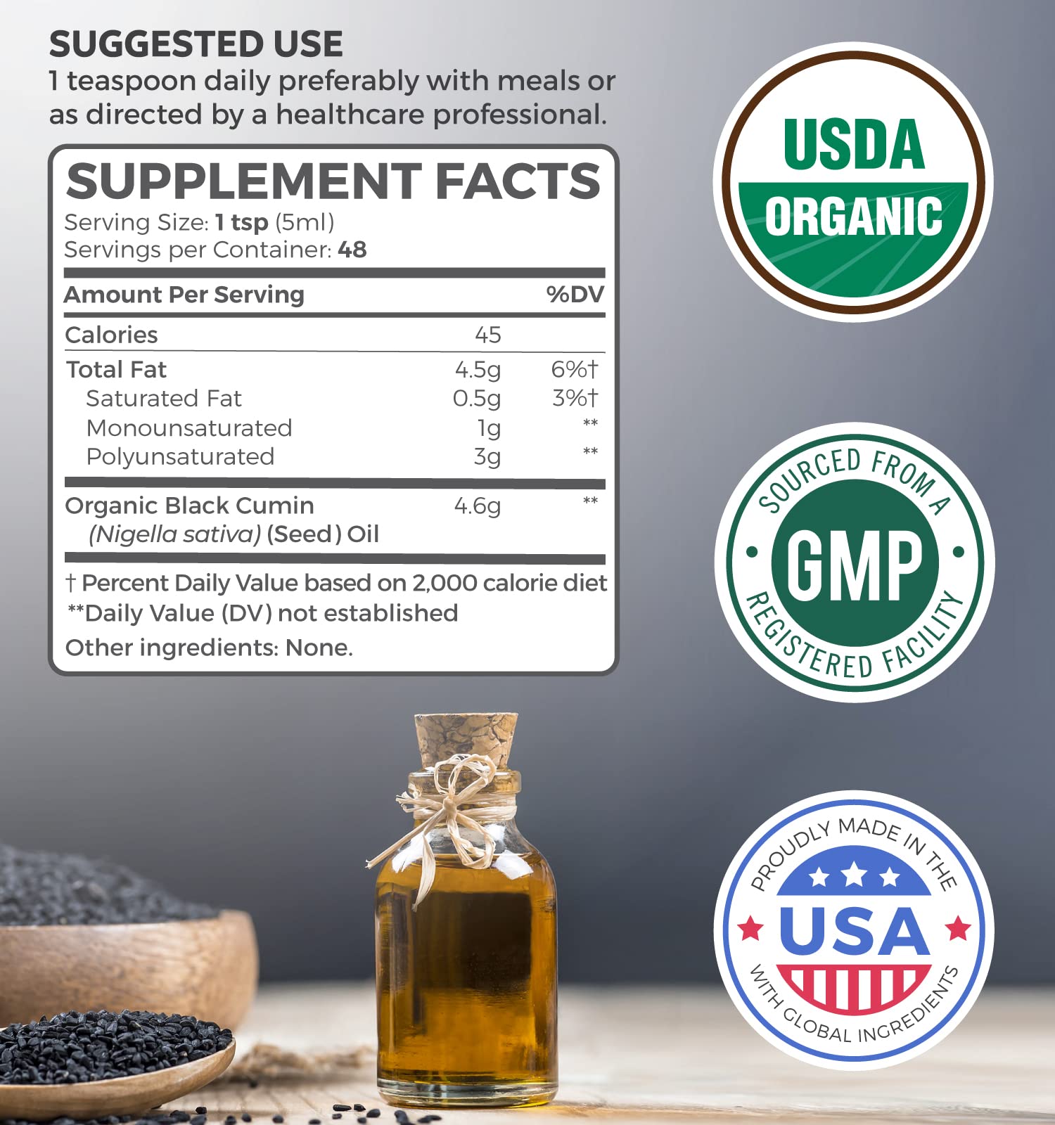 USDA Organic Black Cumin Seed Oil Liquid (8 fl oz) Premium Cold-Pressed Nigella Sativa Healths Harmony uk supplements