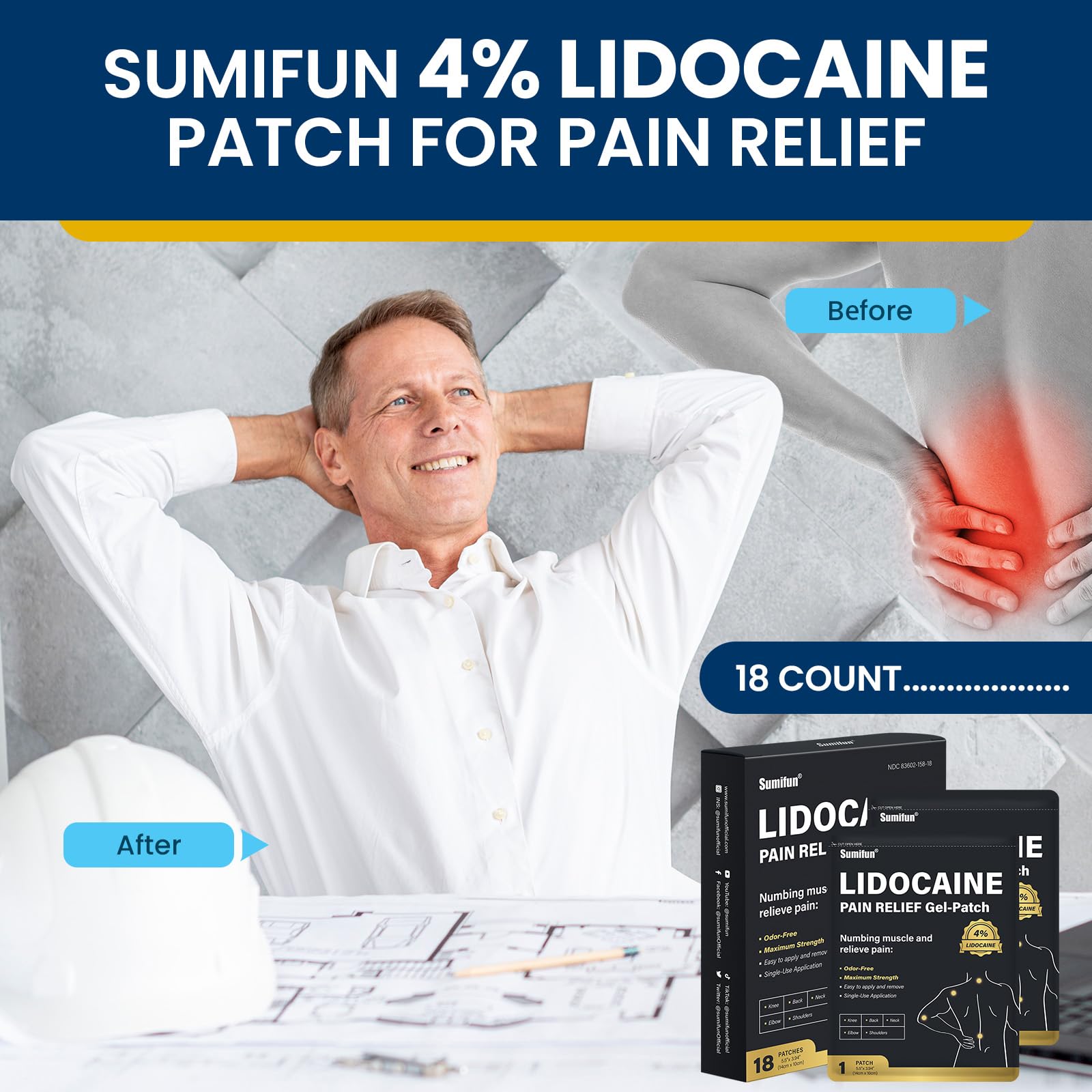 Sumifun 4% Lidocaine Pain Relief Patches - 18 Count Patches for Back, Shoulder, Muscle, Joints, Knee Pain Relief - Lower Back Pain Relief Products - Pain Patches Maximum Strength Lidocaine Sumifun uk supplements