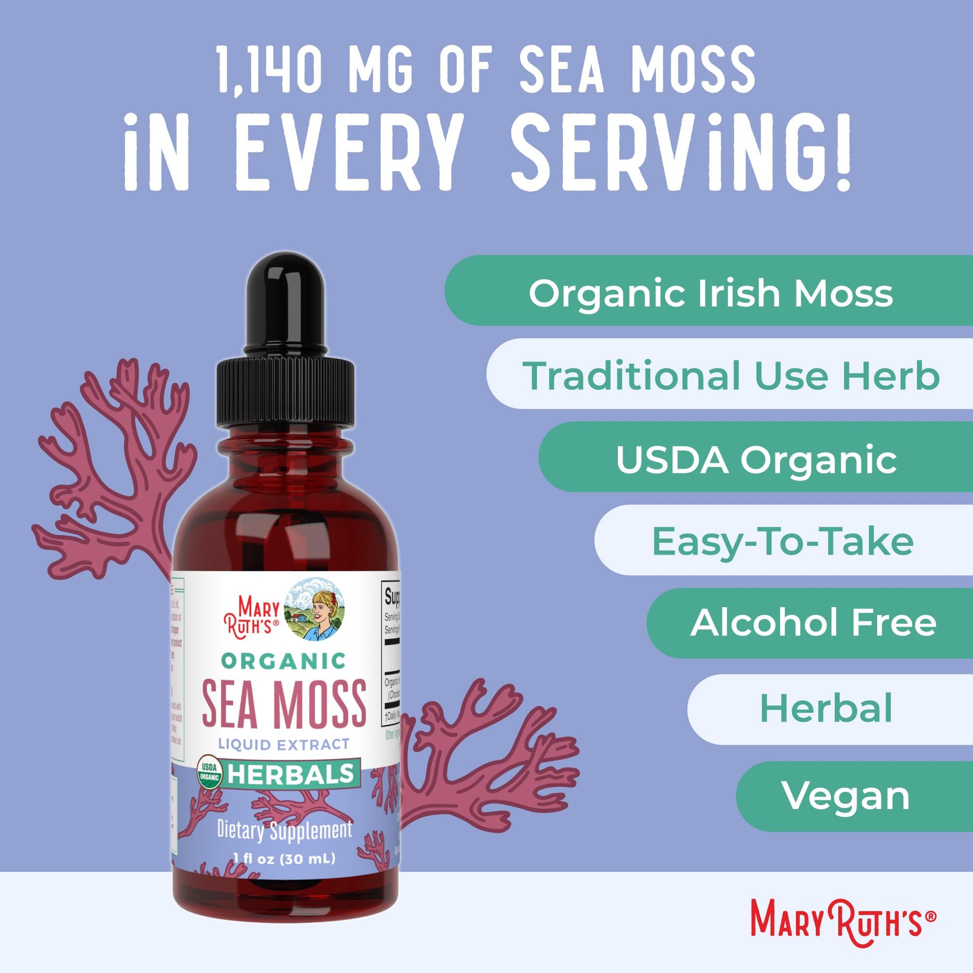 MaryRuth Organics Irish Sea Moss Liquid Drops | Chondrus Crispus | Wild Harvested | Organic Irish Moss Formulated for Adults & Kids Ages 14+ | Unflavored | Sugar Free | Vegan | Non-GMO | 1 Fl Oz MARYRUTH'S uk supplements