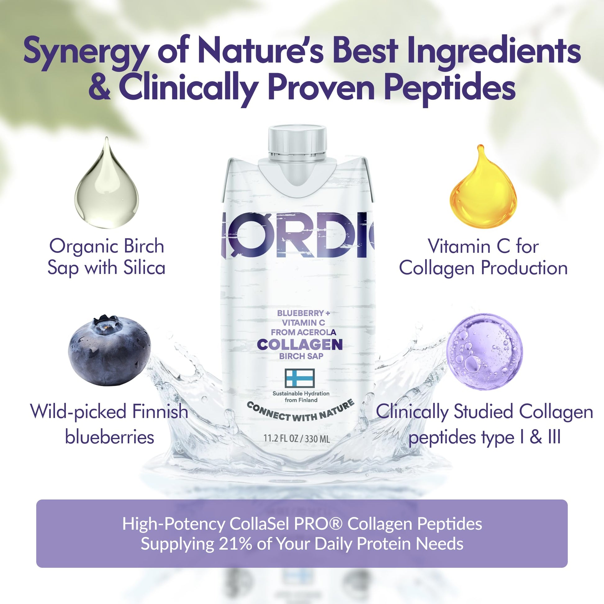 Nordic Liquid Collagen Peptide Drink, Organic Birch Sap, Wild blueberry + Vitamin C, Made in Finland - 10g Clinically Studied Grass Fed Collagen Peptides for Skin Hair Nails & Joint Support, with Silica, BPA-Free Beverage (12 Pack) Nordic Tree Water uk supplements