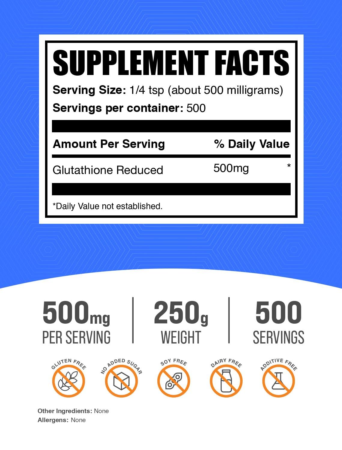BulkSupplements.com Glutathione Reduced Powder - Glutathione Supplement, Reduced Glutathione Powder - Glutathione 500mg, Gluten Free, 500mg per Serving, 250g (8.8 oz) (Pack of 1) BulkSupplements uk supplements
