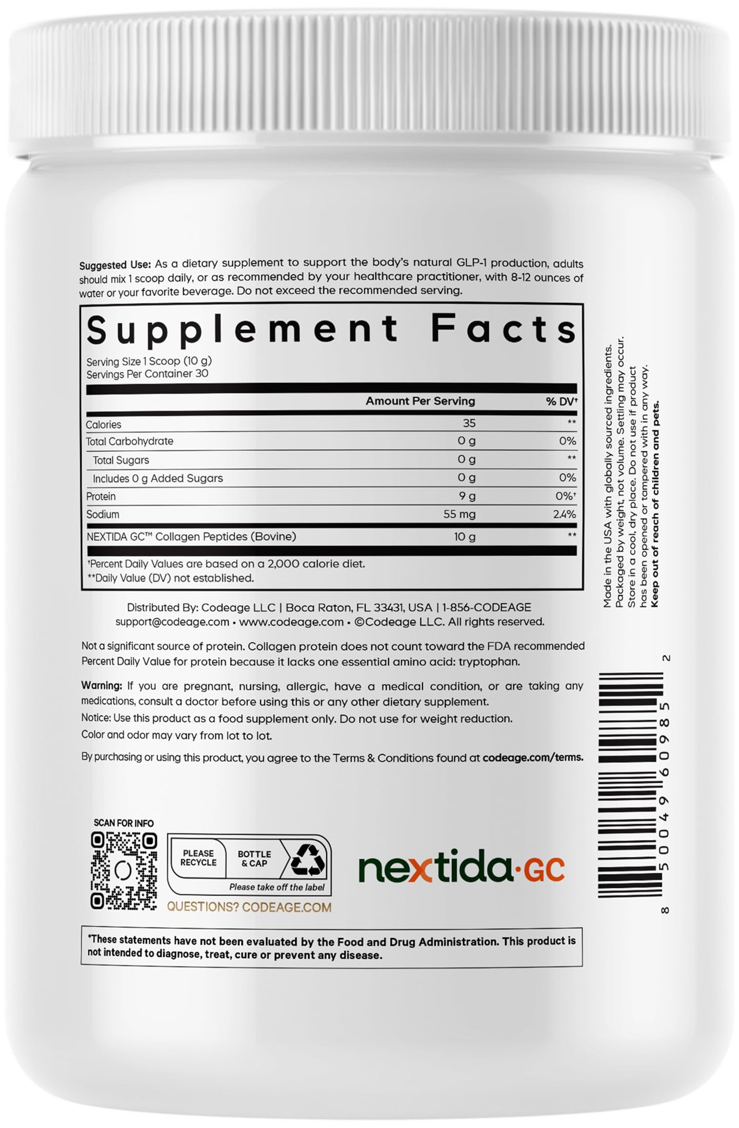 Codeage GLP-1 Collagen Powder Supplement - Nextida GC Collagen Peptides - GLP 1 Support - Hydrolyzed, Grass-Fed, Type I & III, Unflavored - Non-GMO, Gluten-Free, Dairy-Free - 10.58 Oz Codeage uk supplements