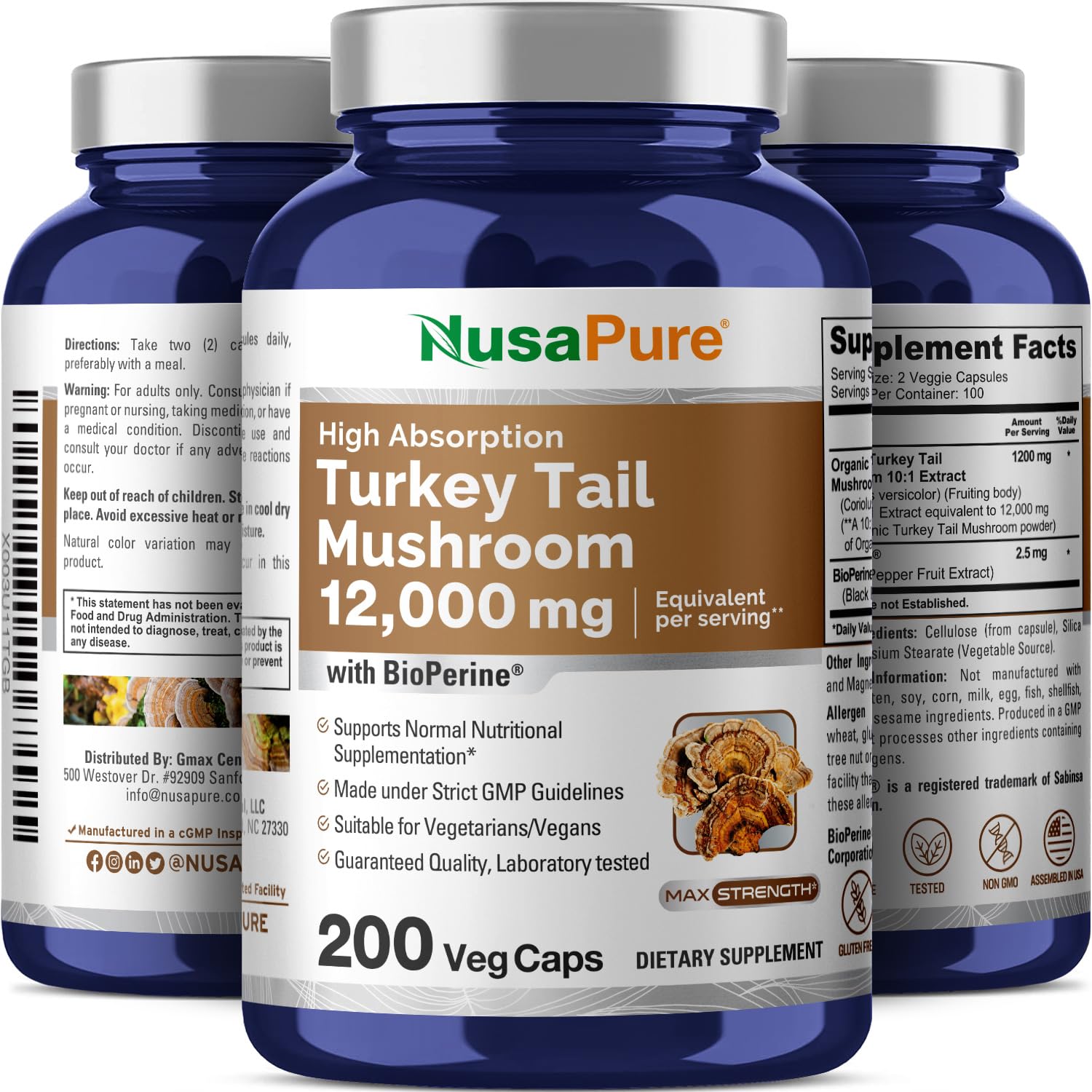 NusaPure Turkey Tail Mushroom Capsules, 10:1 Extract, 1200 mg Equivalent to 12,000mg, 200 Vcaps, Non-GMO, Gluten Free, Bioperine NusaPure uk supplements