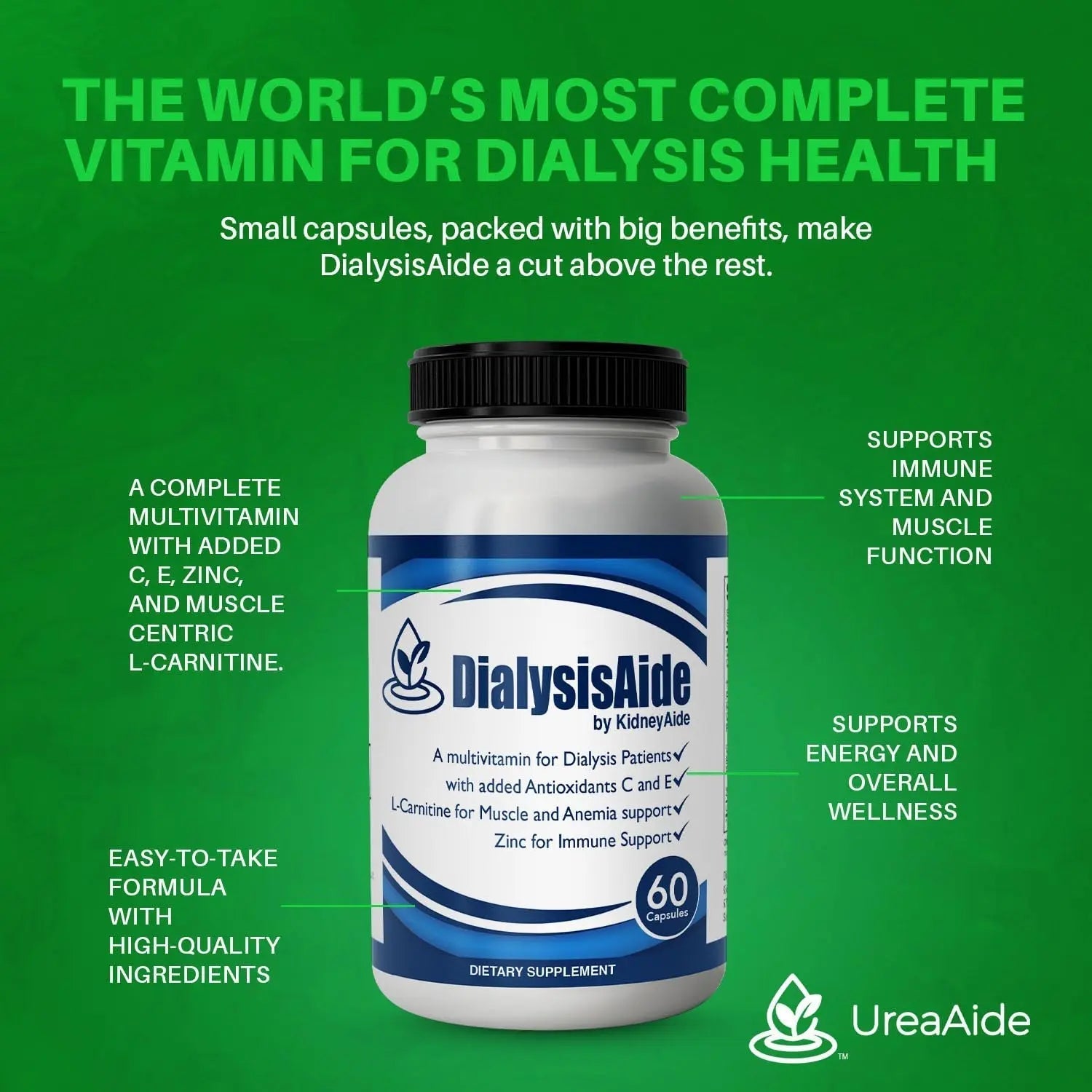Renal Replacement Therapy Complete Multi Vitamin - 60 Capsules, 30 Day Supply, B-Complex, Antioxidant Vitamin C& E, L-Carnitine & Zinc Immune, Skin, Red Cell KidneyAide uk supplements