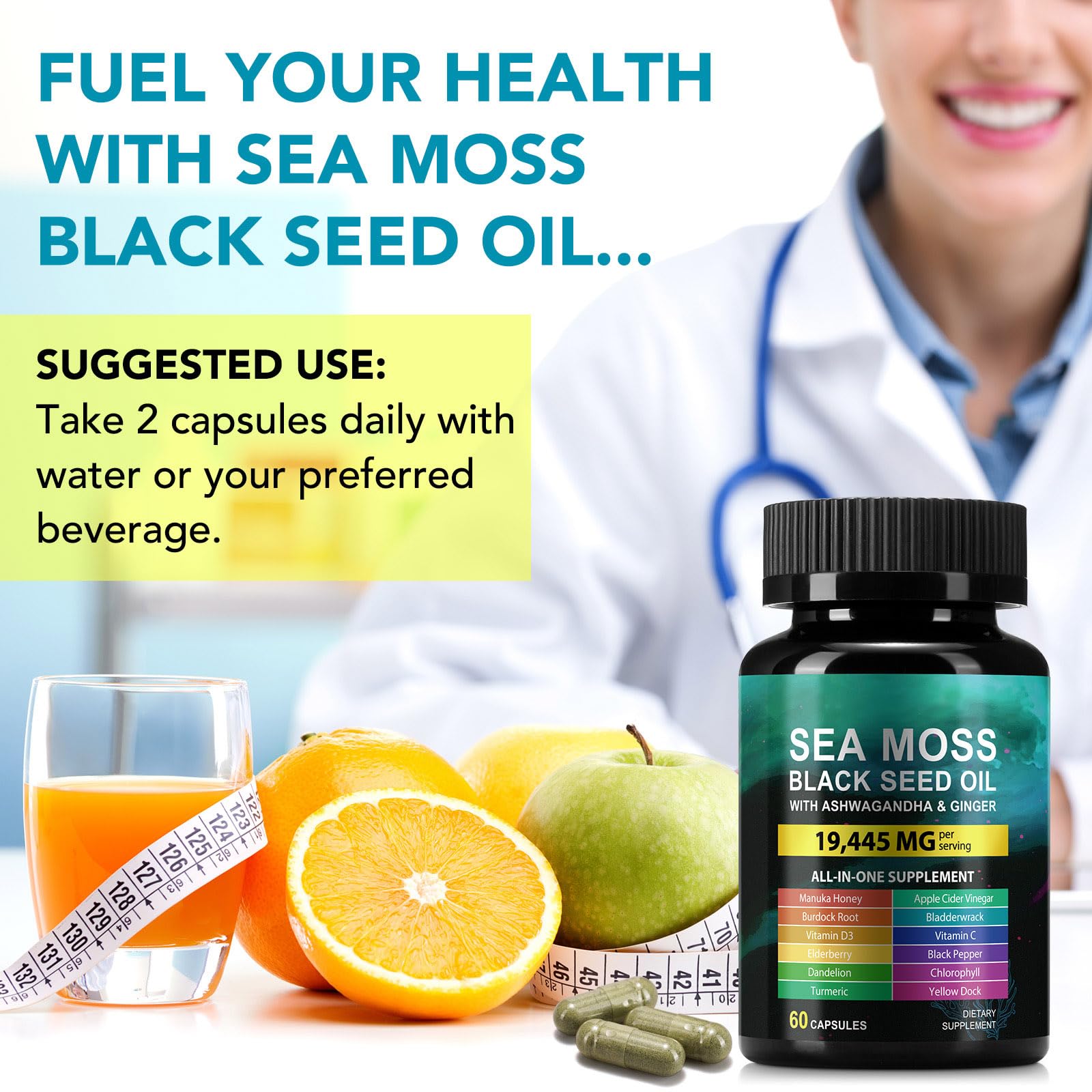 Sea Moss Black Seed Oil Ashwagandha Ginger Capsules, Seamoss Capsules Supplement with Bladderwrack Burdock & Vitamin C Vitamin D3 for Women & Men-Enhanced Immunity,60 Counts Vceeoy uk supplements