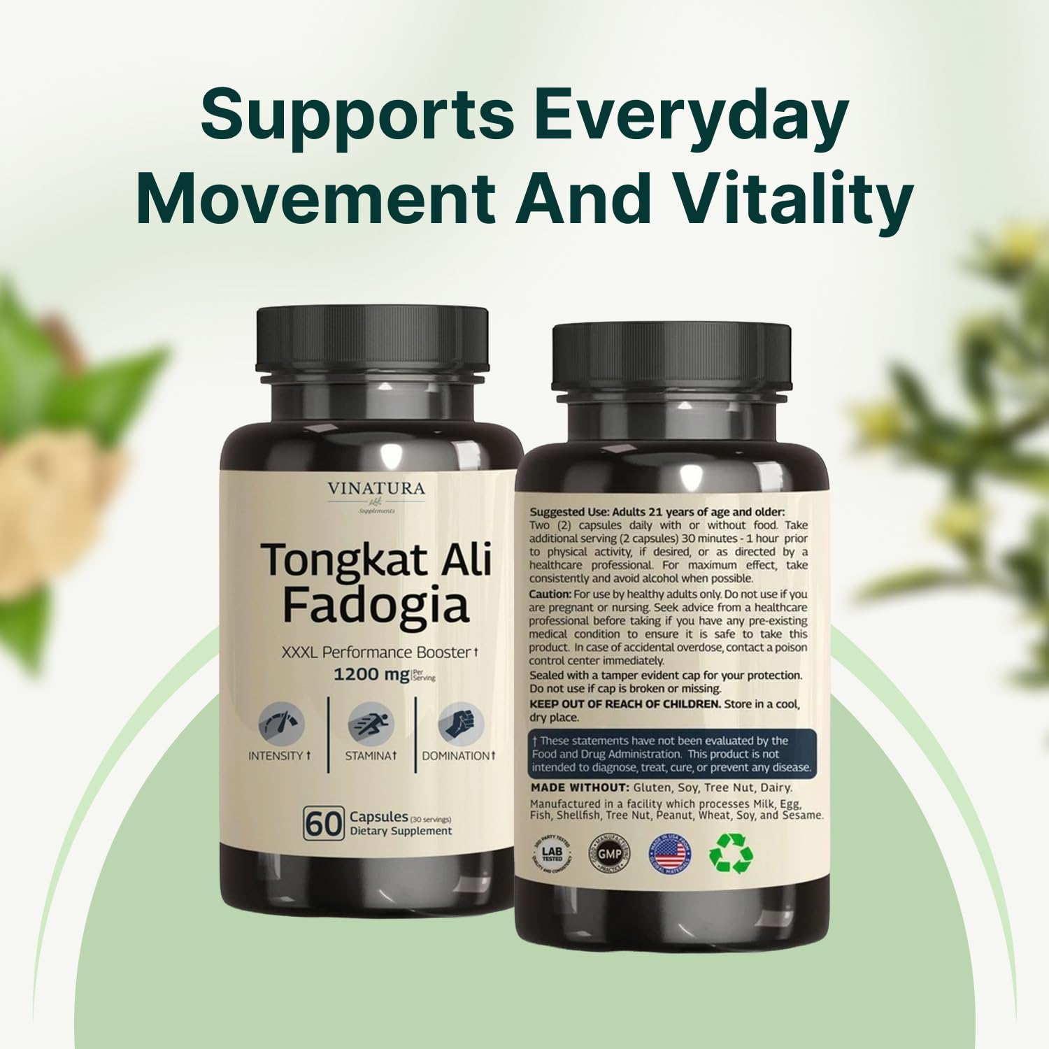 Tongkat Ali Fadogia Agrestis - 1200mg, Enhanced with Nitric Oxide Booster Supplement, Longjack Tongkat Ali for Men, VINATURA uk supplements