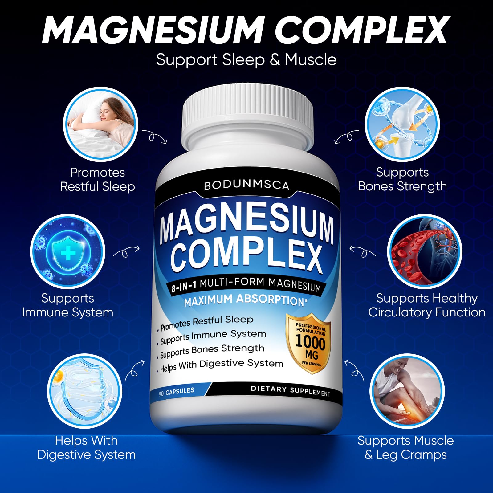 Magnesium Complex, 8 in 1, 1000mg-Glycinate, Citrate, Malate for Easy Absorption, Full Spectrum Magnesium Complex,Supports Relaxation, Sleep & Muscle Function, Magnesio Complex for Women, 180 Capsules BODUNMSCA uk supplements
