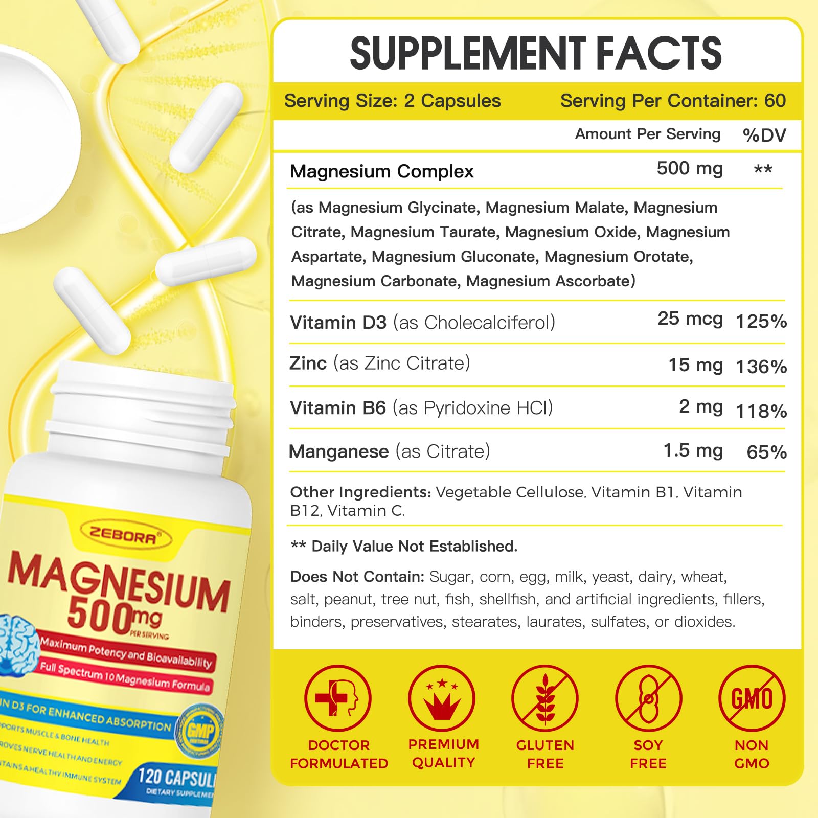 10-in-1 Magnesium Complex Supplement, Magnesium Glycinate 500mg with Citrate & Malate, Chelated High Absorption Plus Vitamin D3 & Zinc - for Nerve, Muscle & Bone Support - 120 Capsules ZEBORA uk supplements