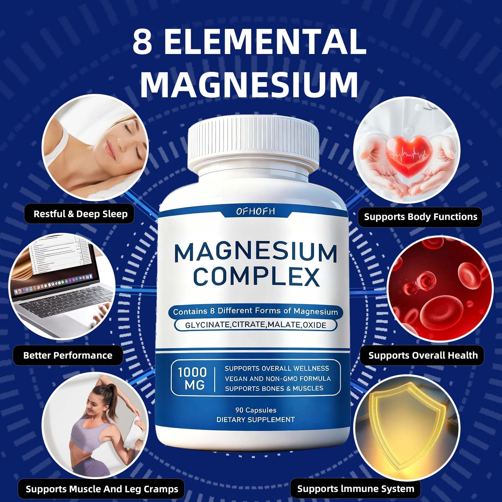 Magnesium Complex Supplement 8 Elemental - Magnesium Glycinate, Citrate, Malate, Oxide | Easy Absorption for Bones, Muscle, Energy, Vegan, Non-GMO 90 Capsules (1pc) OFHOFH uk supplements
