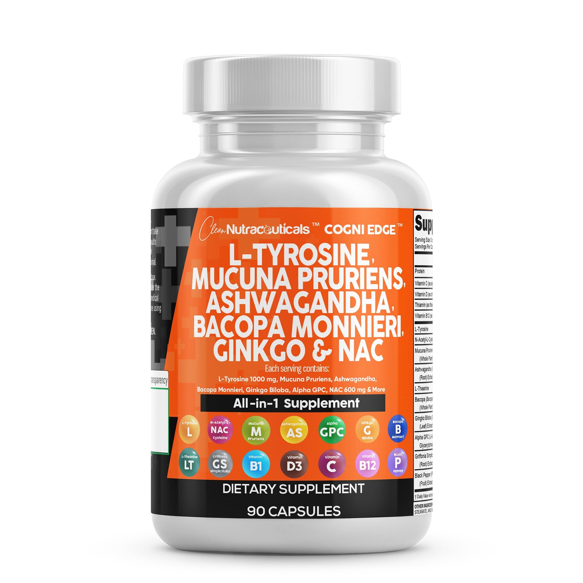 Clean Nutraceuticals L Tyrosine Mucuna Pruriens Bacopa Monnieri Ashwagandha Focus Supplement w/N-Acetyl Cysteine NAC 5-HTP Ginkgo Biloba Alpha GPC Vitamin C D B1 B12 Clean Nutraceuticals uk supplements