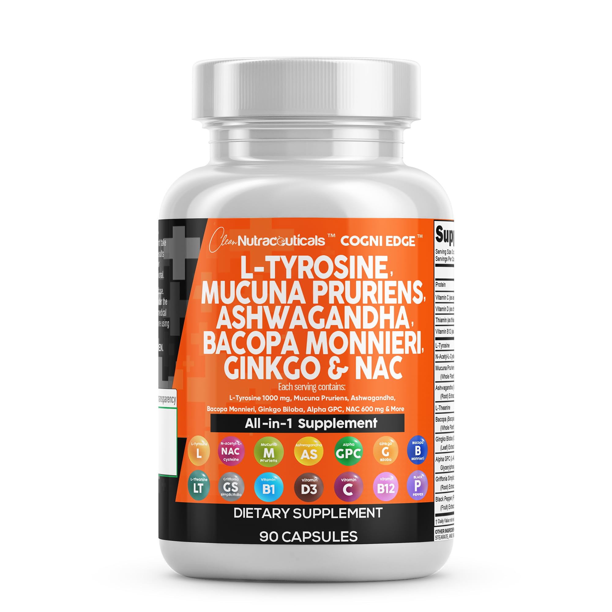 Clean Nutraceuticals L Tyrosine Mucuna Pruriens Bacopa Monnieri Ashwagandha Focus Supplement w/N-Acetyl Cysteine NAC 5-HTP Ginkgo Biloba Alpha GPC Vitamin C D B1 B12 Clean Nutraceuticals uk supplements