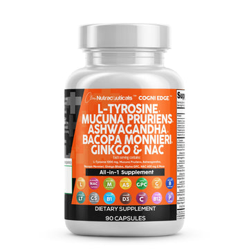 Clean Nutraceuticals L Tyrosine Mucuna Pruriens Bacopa Monnieri Ashwagandha Focus Supplement w/N-Acetyl Cysteine NAC 5-HTP Ginkgo Biloba Alpha GPC Vitamin C D B1 B12 Clean Nutraceuticals uk supplements
