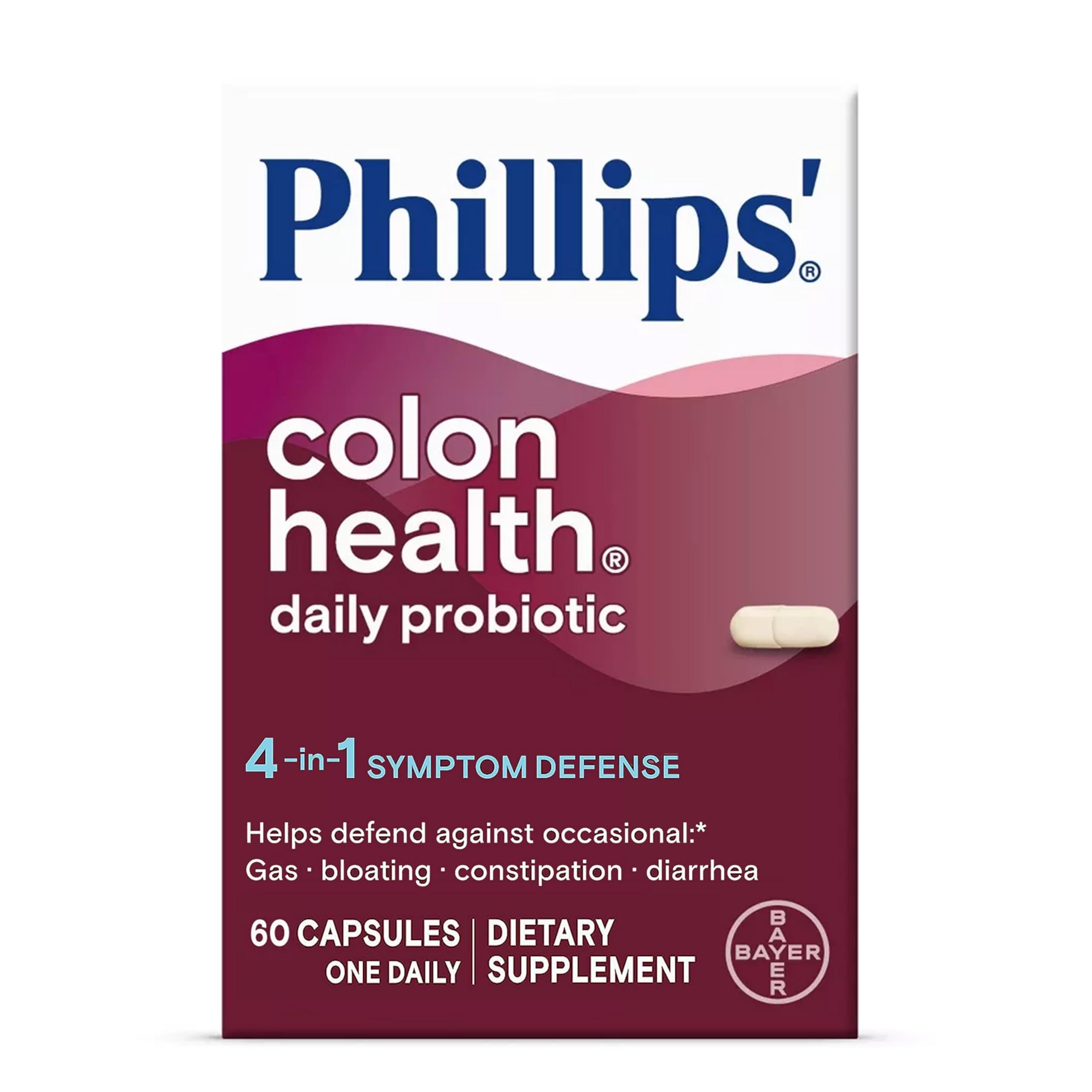 Phillips' Colon Health Daily Probiotic Capsules, 4-in-1 Symptom Defense to help defend against Occasional Gas, Bloating, Constipation, and Diarrhea, Daily Supplement, 60 Count Phillips' uk supplements
