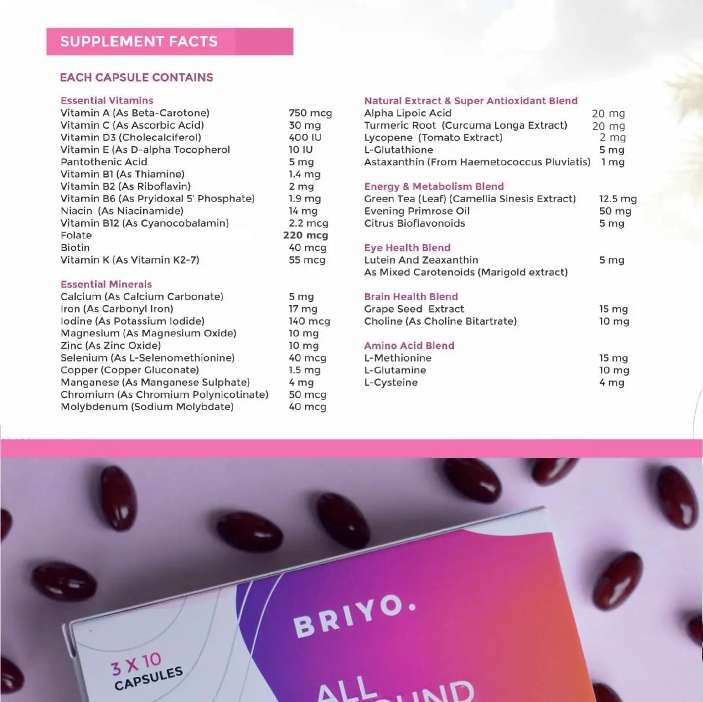 Briyosis All Around Women - 38 nutrients (Essential Vitamins, Minerals, Natural extracts, Amino acids, Primrose Oil) - 90 Capsules Briyosis uk supplements