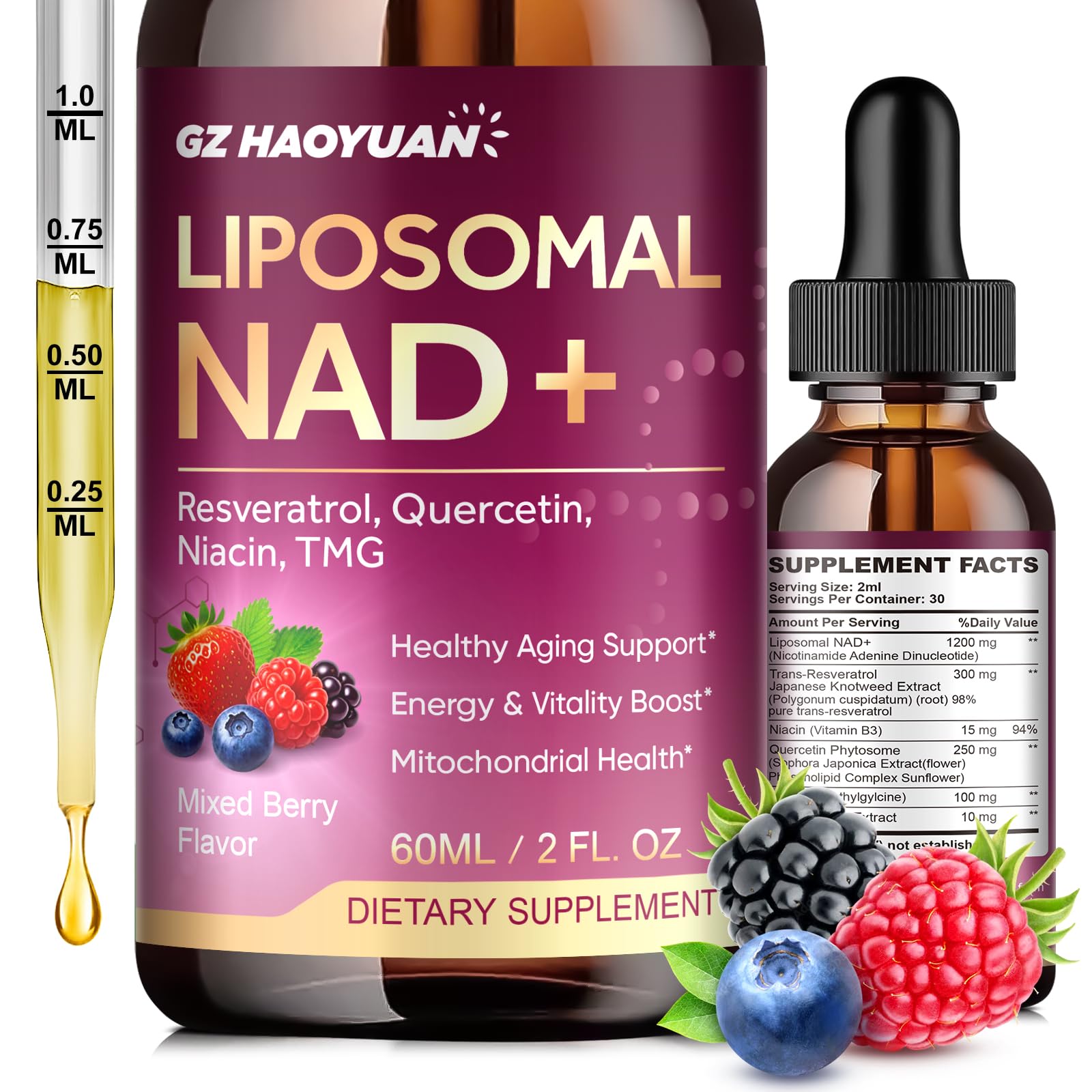 Liposomal NAD Supplement - 1200mg NAD+ Liquid Drops for Women & Men with Nicotinamide, Resveratrol, Quercetin, TMG, Black Pepper Extract - Brain & Cellular Mitochondrial Health, Anti-Aging, Longevity GZ HAOYUAN uk supplements