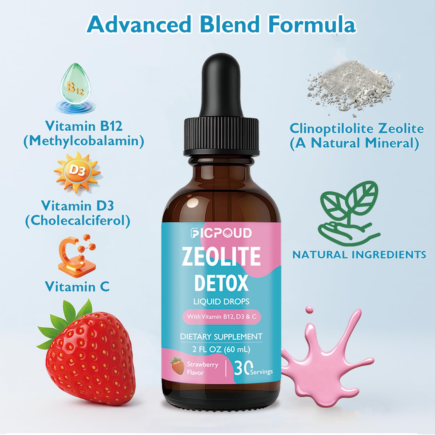 Ficpoud Zeolite Detox for Kids & Adults – Pure Zeolite clinoptilolite Liquid Drops with Vitamin B12, C & D3 – Gentle Daily Cleanse for Gut, Immune, Energy & Speech Support, Strawberry Flavor, 2 Fl Oz Ficpoud uk supplements
