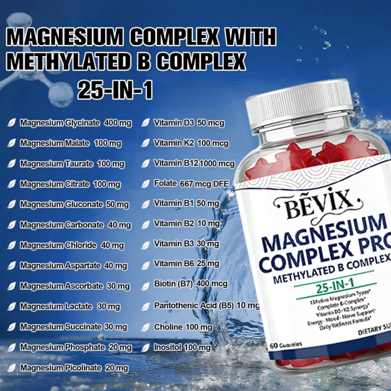 BEVIX Magnesium Complex Gummies with Methylated B Complex Magnesium Glycinate Citrate Malate Taurate Gluconate Aspartate Carbonate D3 K2, Magnesium for Relaxation Energy & Nerve, 60 Gummies BEVIX uk supplements