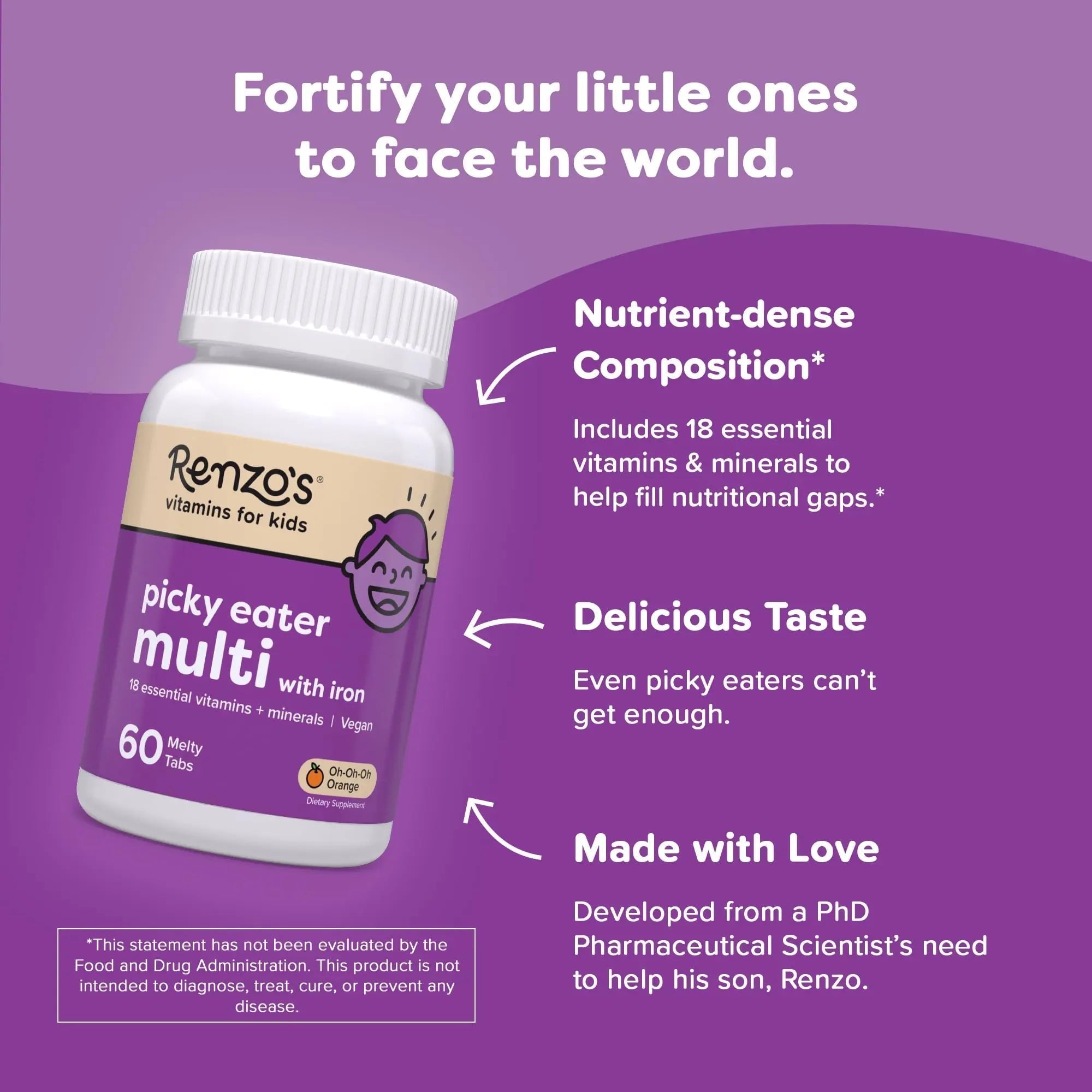 Renzo's Picky Eater Kids Multivitamin with Iron, Dissolving Kids Vitamins with Vitamin D3 and K2 and More, 60 Sugar-Free Melty Tabs Renzo's uk supplements