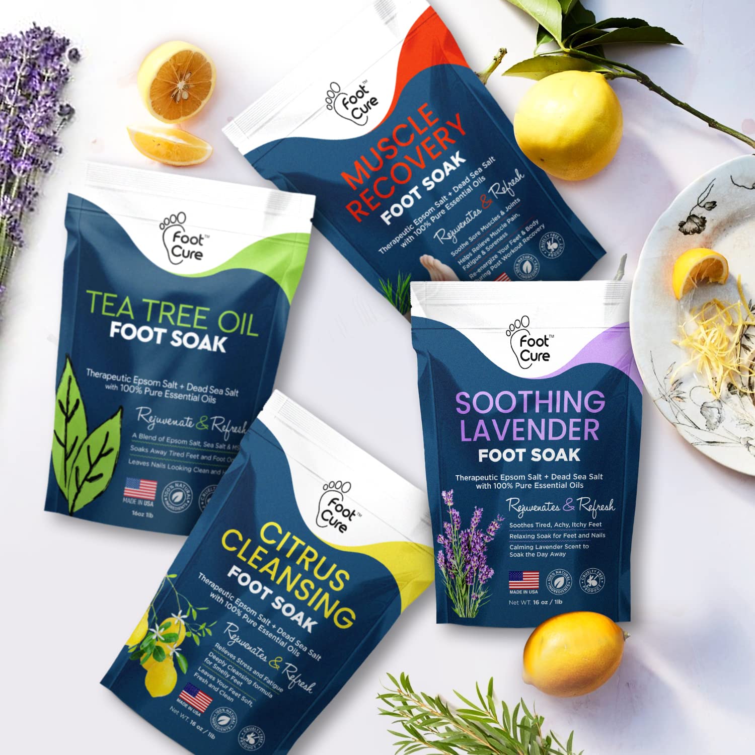 Foot Soak with Epsom Salts- Variety Pack of 4- Tea Tree Oil, Muscle Relief, Calming FOOT CURE uk supplements