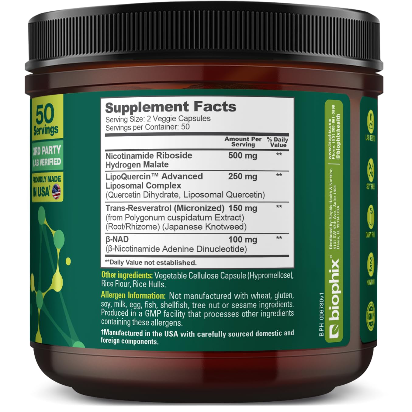 biophix NAD+ Liposomal Supplement for Women & Men - 1000 mg per Serving - Nicotinamide Riboside, Micronized Resveratrol & Quercetin Complex - 100 Veg Capsules - Non-GMO, Gluten-Free, cGMP Certified biophix uk supplements
