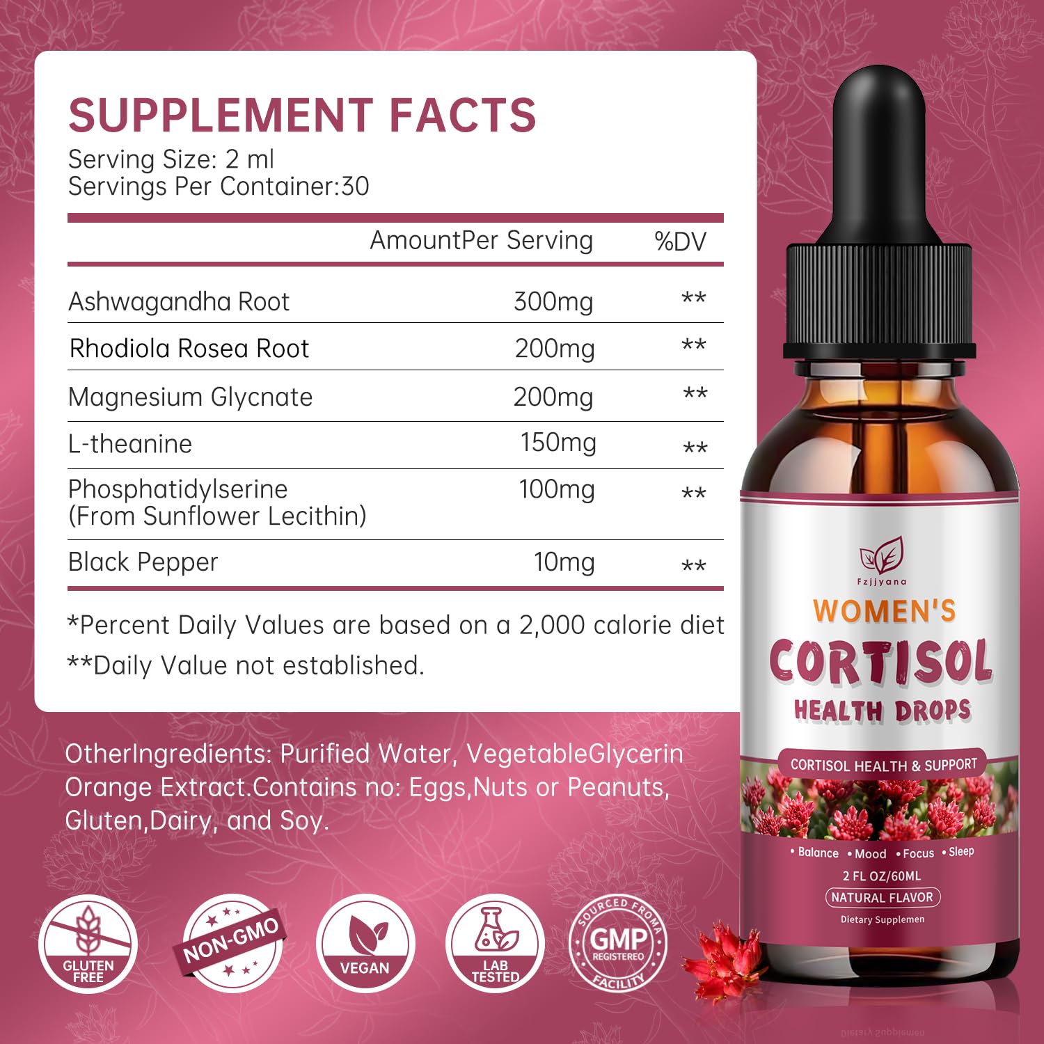Cortisol Manager Liquid Drops, Cortisol Supplements for Women, with magnesium ashwagandha, rhodiola rosea,l-theanine,Phosphatidylserine-Promote Relaxation and Support Mood- 30 Day Vegan Supply Fzjjyana uk supplements