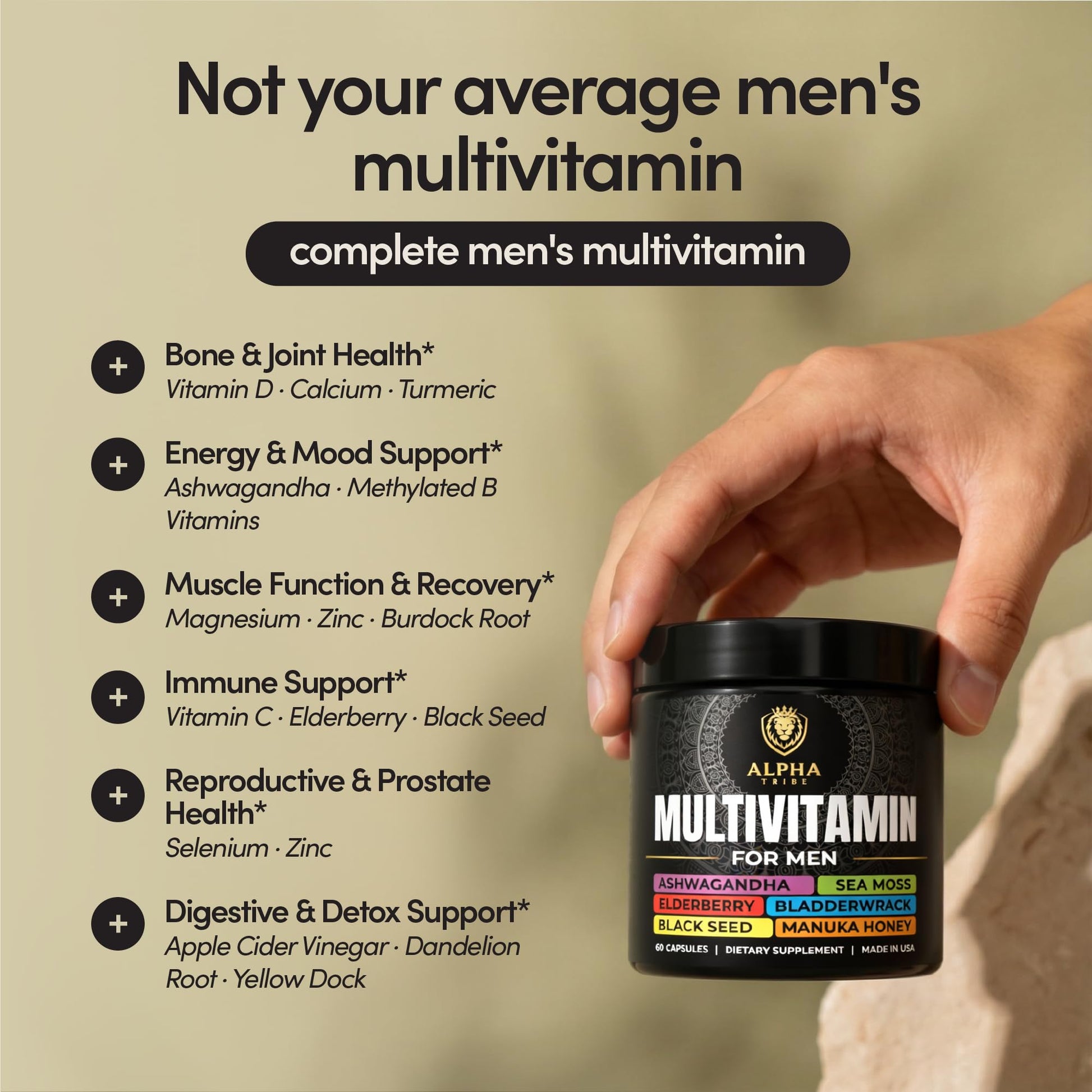 Alpha Tribe Multivitamin for Men & Organizer w/Seamoss Black Seed Oil Ashwagandha Burdock Root Turmeric Bladderwrack Vitamin C | Daily Men's Vitamins & Minerals Supplement | 60 Count Alpha Tribe uk supplements