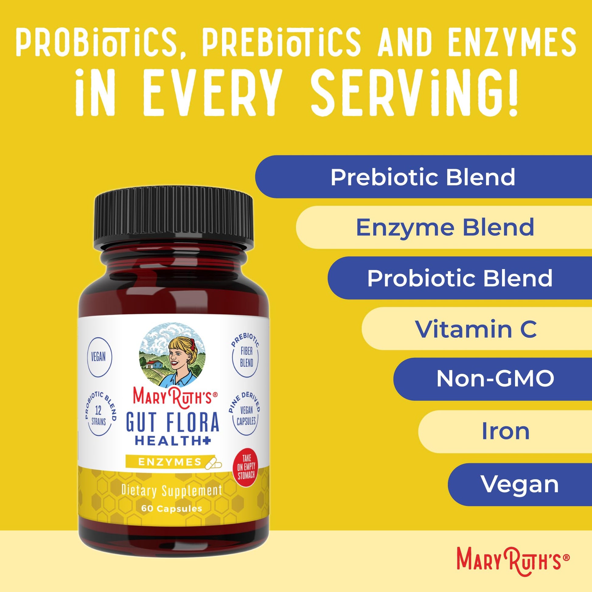 MaryRuth Organics Gut Flora Health+ Enzymes | Up to 2 Month Supply | Prebiotic Probiotic Digestive Enzymes Blend for Healthy Gut Biome & Digestive Support | Gastrointestinal Health | 60 Capsules MARYRUTH'S uk supplements