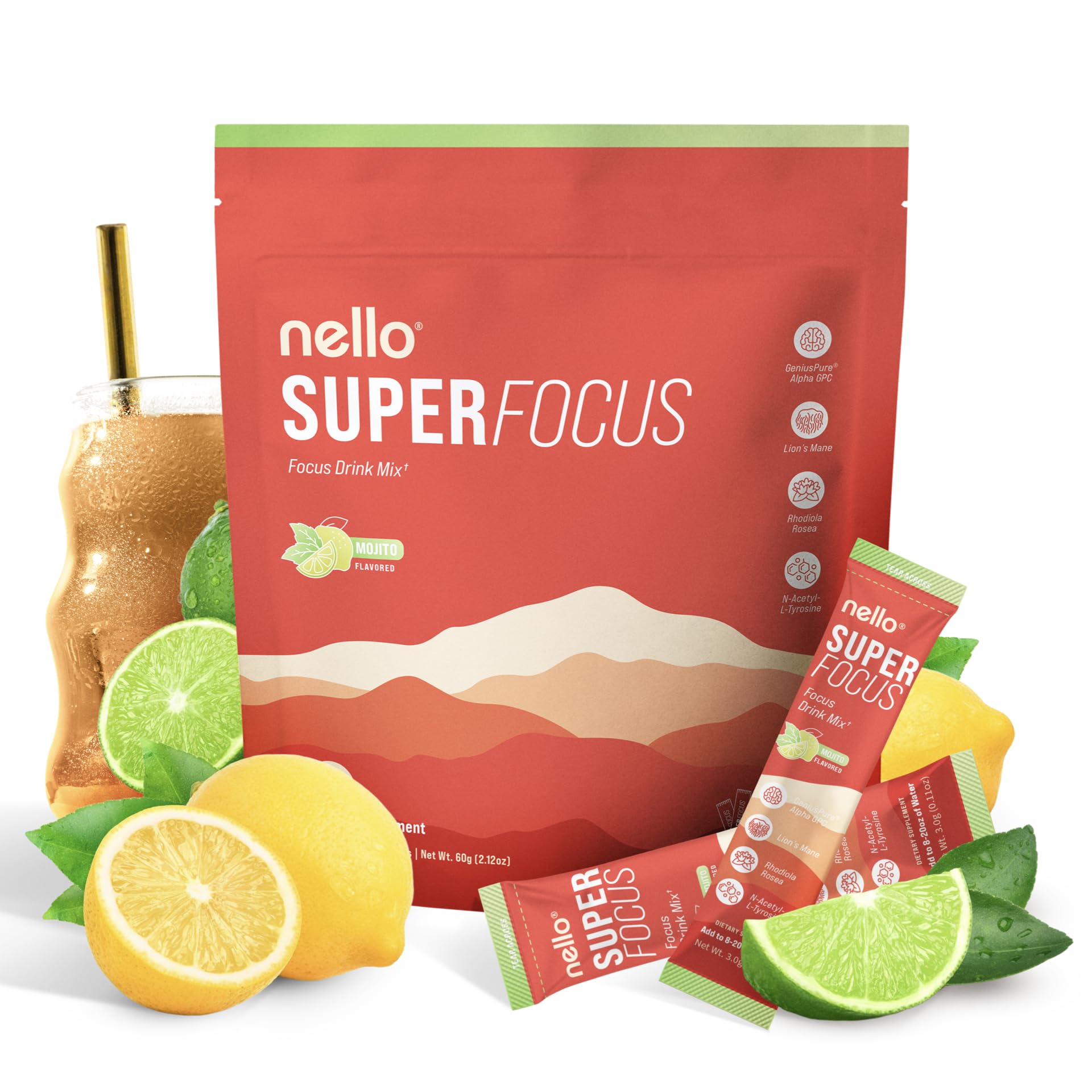 Nello Superfocus Mojito – Nootropic Focus Drink Mix, 20 On-The-Go Packets, Alpha GPC, Lion’s Mane, Rhodiola, Sugar-Free Nello uk supplements