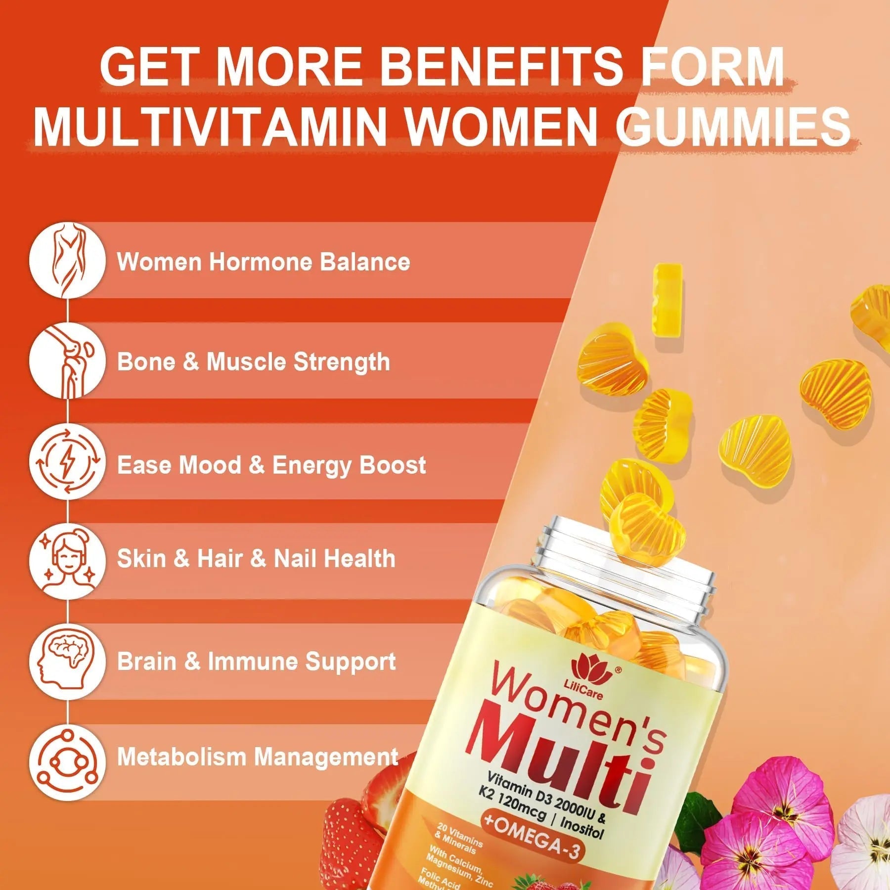 Womens Multivitamin Gummy with Omega 3（DHA/EPA), Vitamin D3 K2, Calcium, Inositol, Daily Womens Vitamin A C E B Complex LILICARE uk supplements