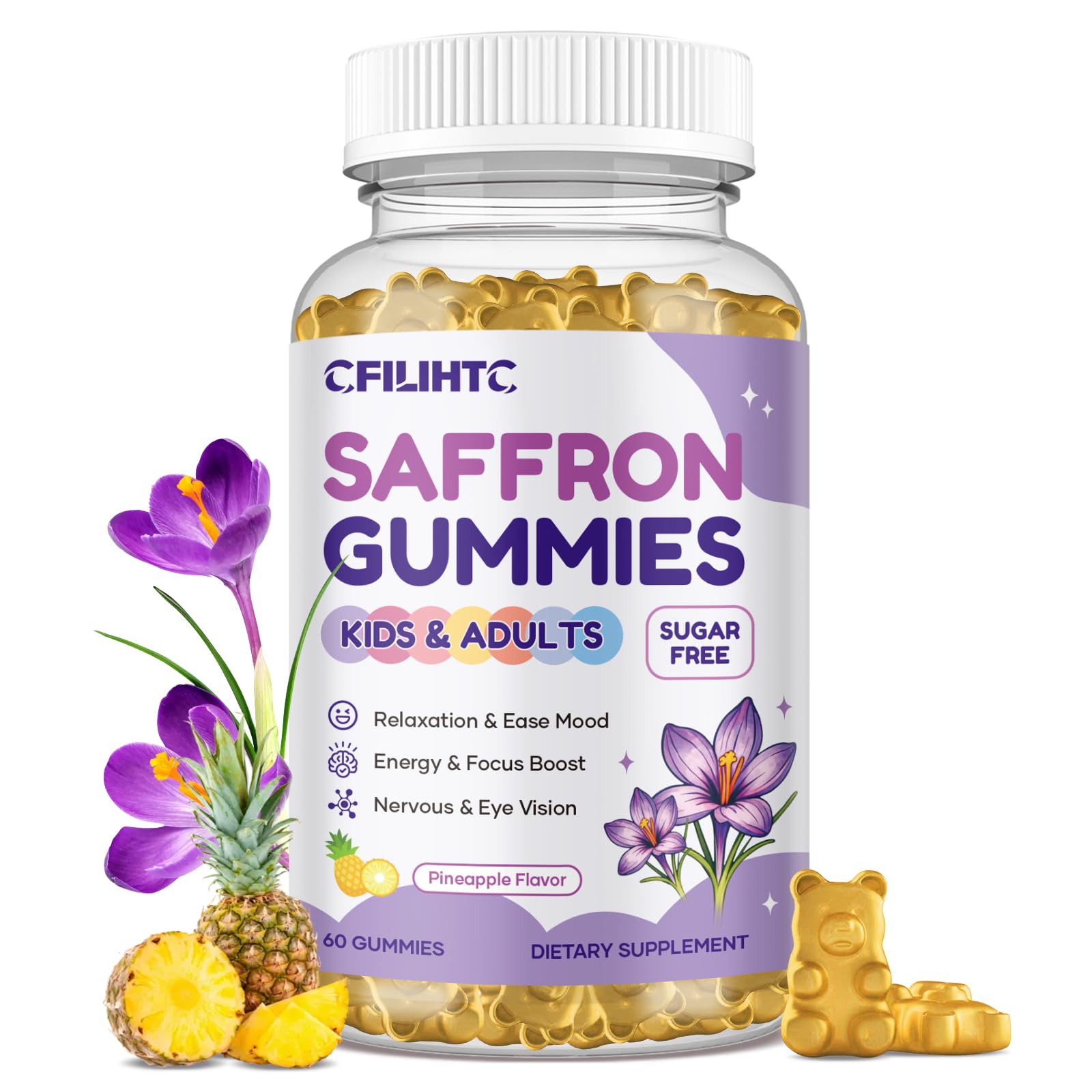 Saffron Gummies for Kids & Adults, 20-in-1 Saffron Supplements with 88.5mg Saffron Extract, B6, B12, C, D3, Magnesium for Calm, Focus, Nerve, Sugar Free, Vegan, Non-GMO - Pineapple Flavor, 60 Counts CFILIHTC uk supplements