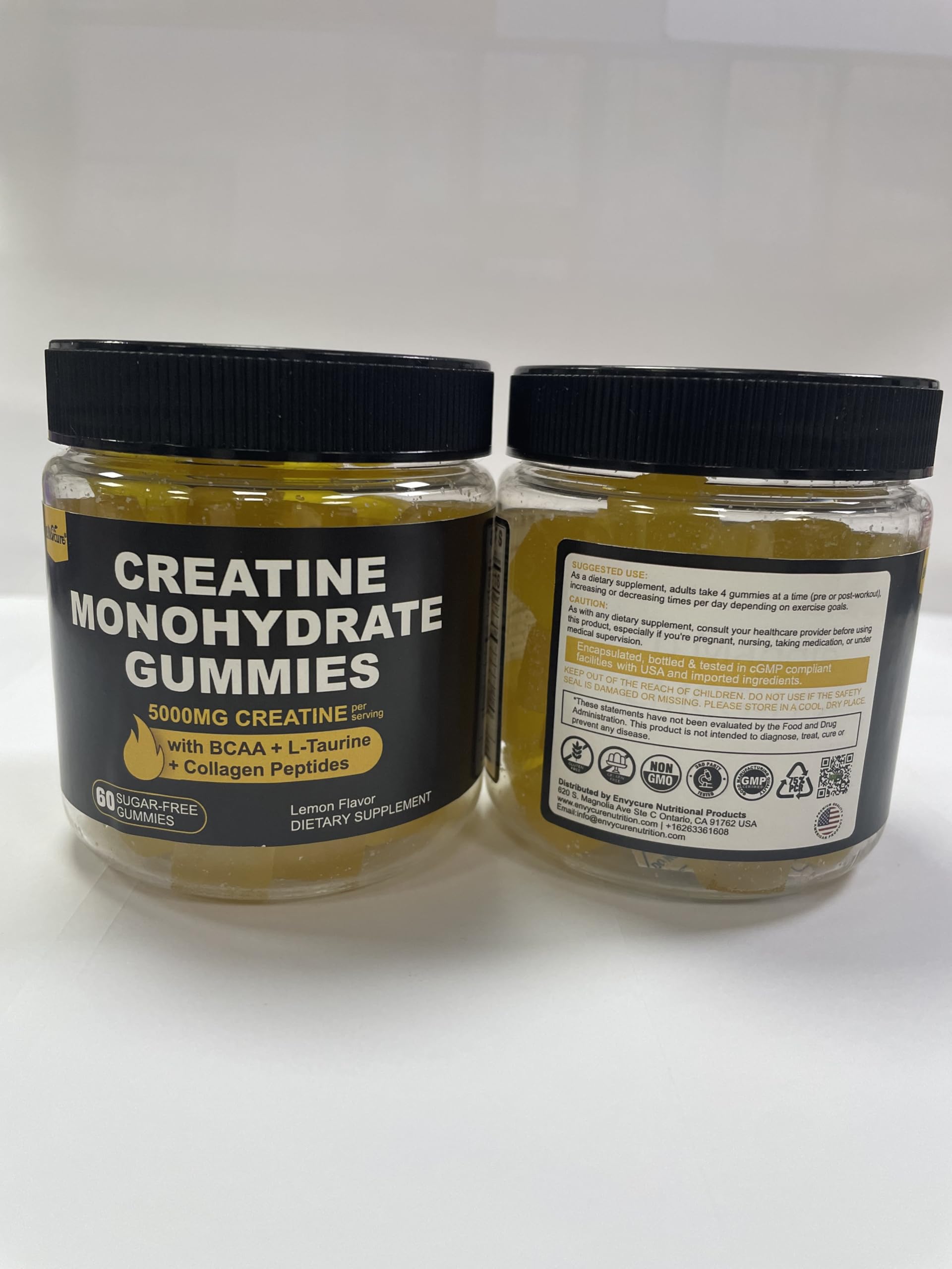 Creatine Monohydrate Gummies for Men & Women - with BCAA, Collagen Peptides, L-Taurine, Vitamin B12, D3, Chewables Creatine Monohydrate 5g Per Serving, Natural Lemon Flavor, Sugar Free, 2 Pack EnvyCure uk supplements