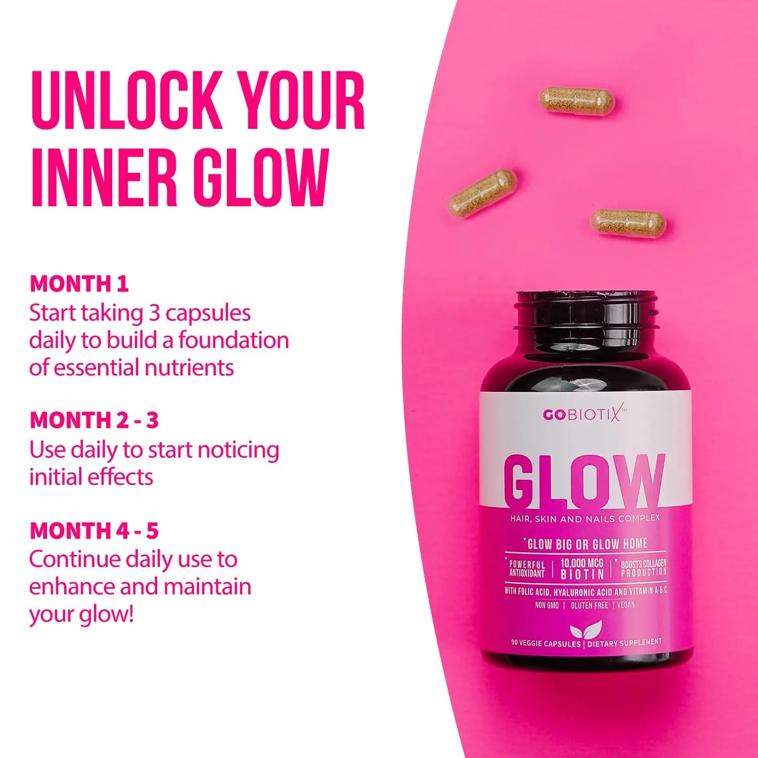 GOBIOTIX Hair Skin and Nails Vitamin Supplement - 10000mcg Biotin Pills with Hyaluronic Acid, Folate, Iron, Magnesium, and Zinc GOBIOTIX uk supplements