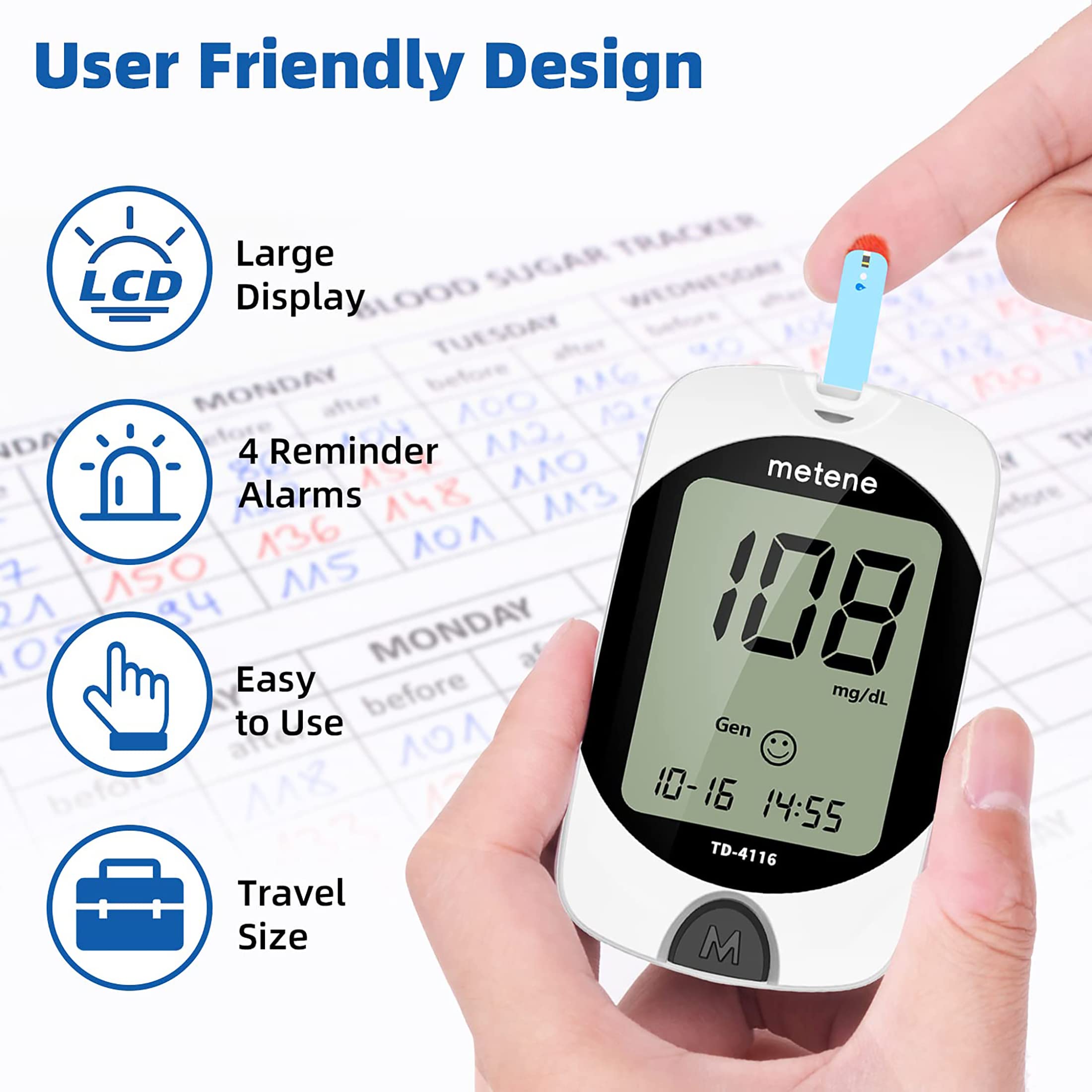 Metene TD-4116 Blood Glucose Monitor Kit, 100 Glucometer Strips Metene uk supplements