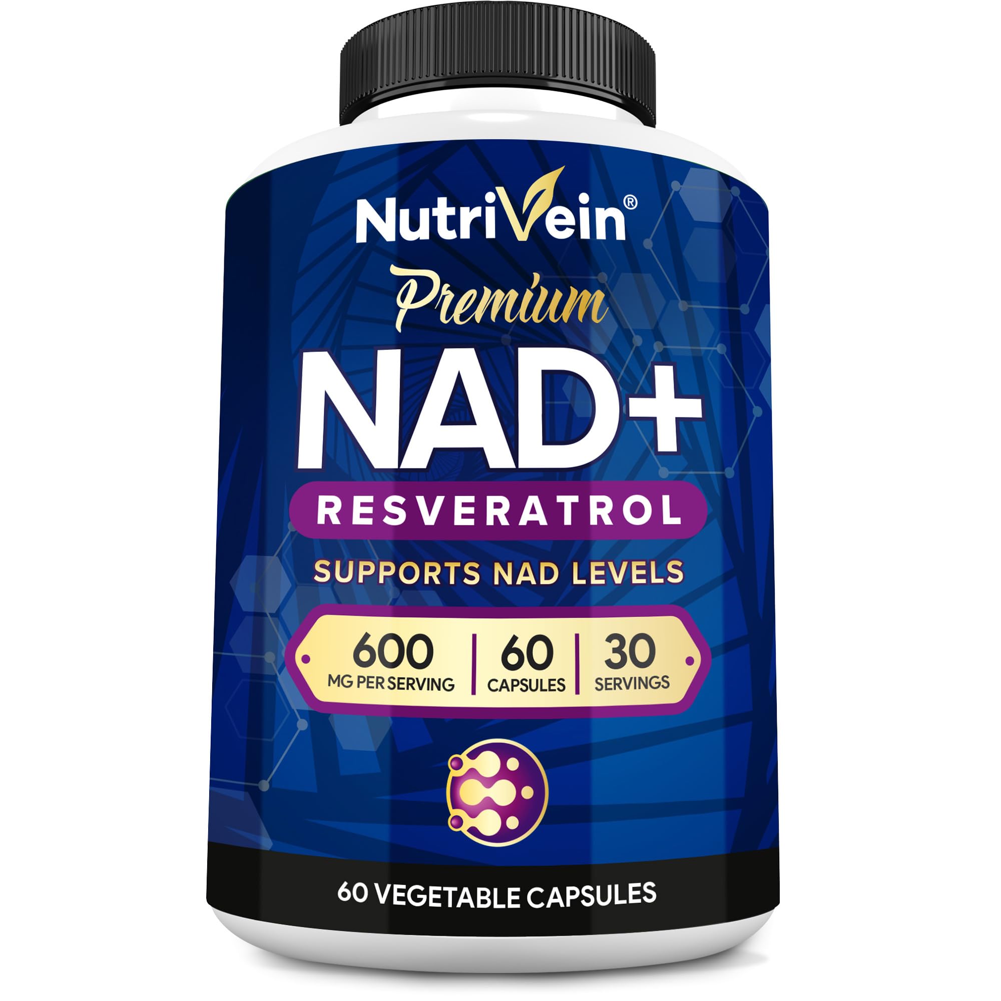 Nutrivein Premium NAD + Resveratrol Supplement 600 mg - 30 Servings (60 Capsules): Powerful Synergistic NAD Resveratrol Supplement - Aging, Cognition, Metabolism, & Overall Well-Being Nutrivein uk supplements