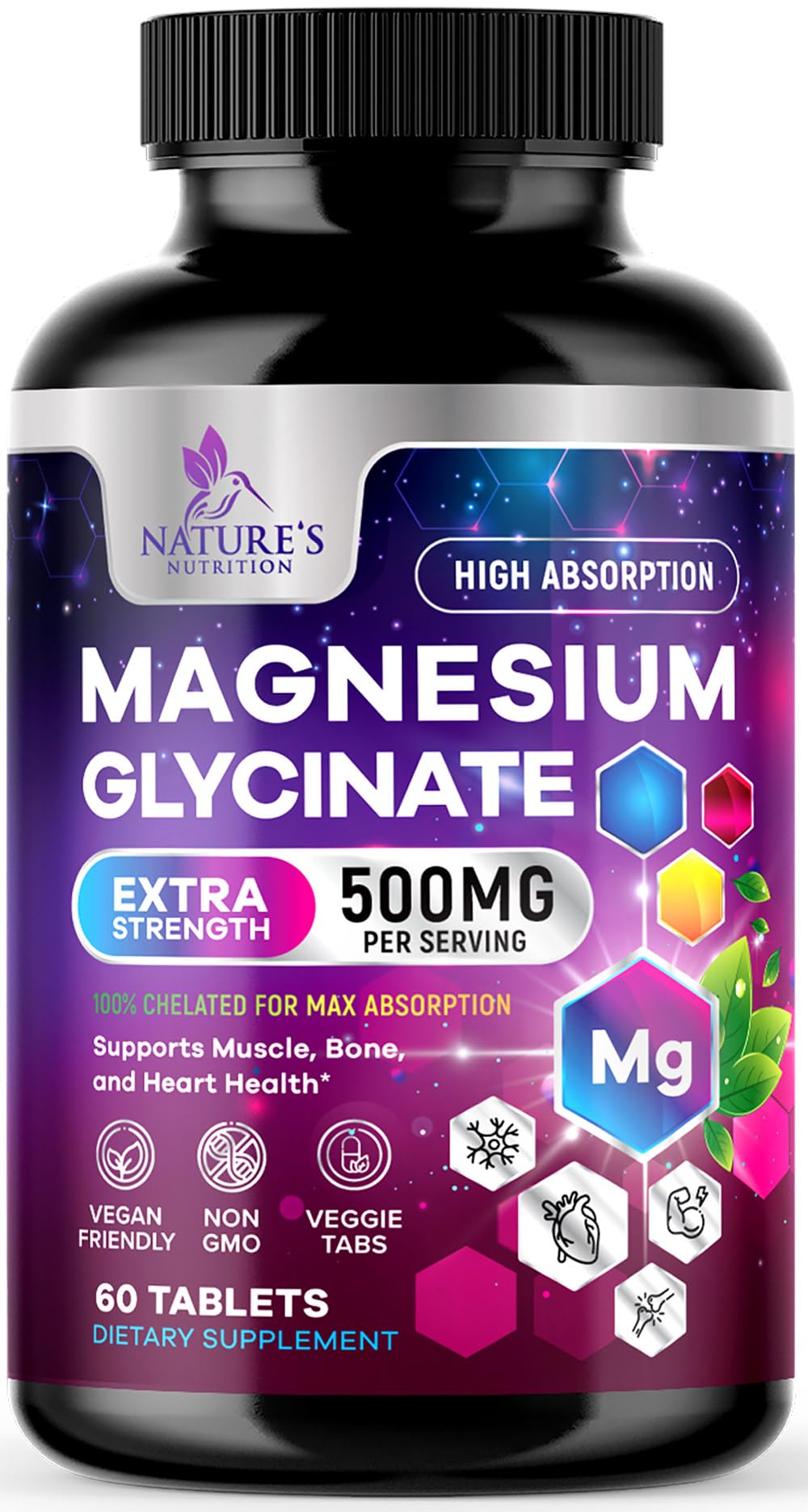 Magnesium Glycinate Supplement - 500mg Magnesium Per Serving - 100% Chelated & Purified - Supports Sleep, Heart Health, & Muscle Strength - Best Absorption Magnesium, Bottled in USA - 60 Tablets Nature's Nutrition uk supplements
