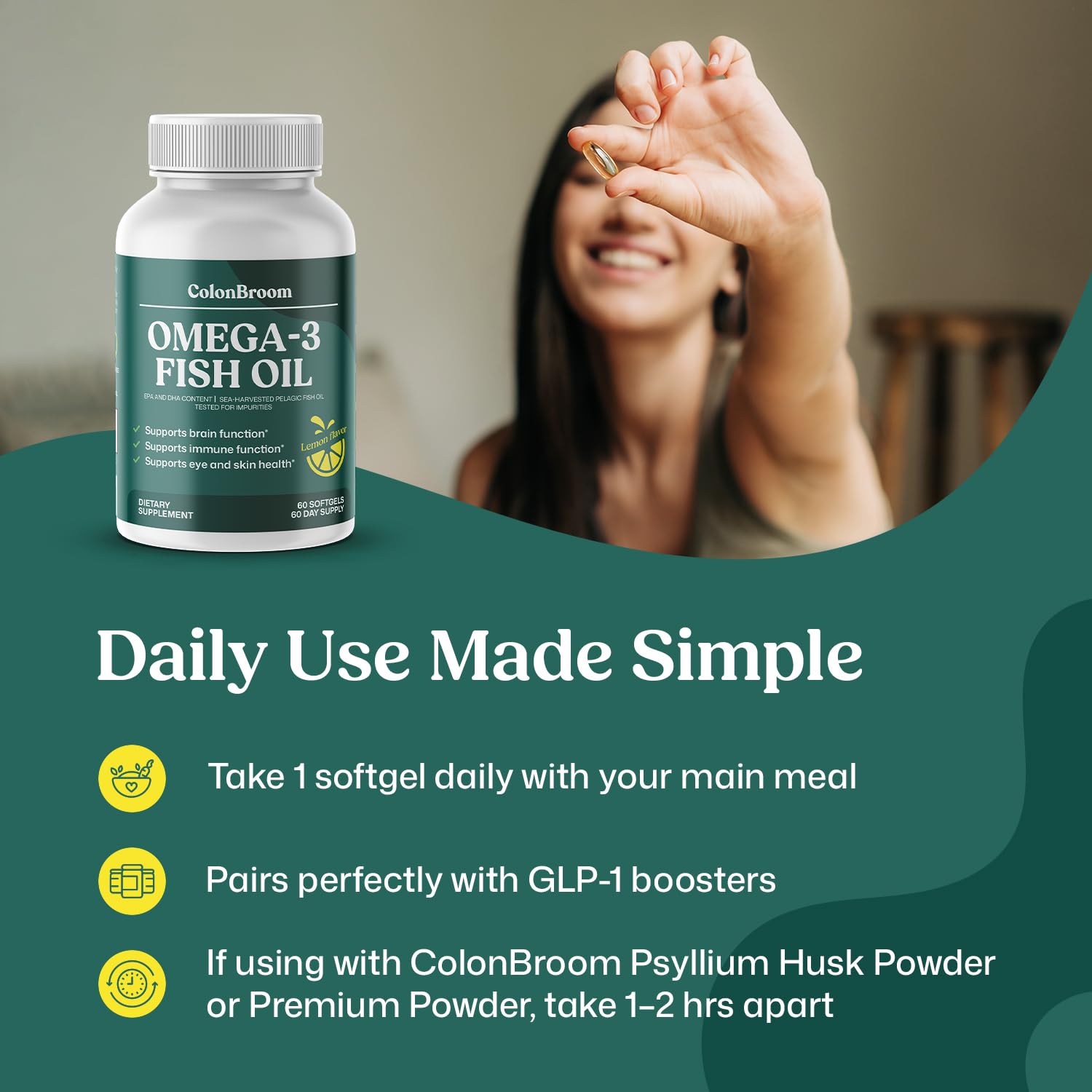ColonBroom Omega 3 Fish Oil 2640 mg Softgels | Lemon Flavor | Daily Fish Oil Omega-3 Supplement for Women & Men with EPA & DHA | Gluten-Free, Non-GMO, Natural (60 Softgels, 2 Month Supply) ColonBroom uk supplements