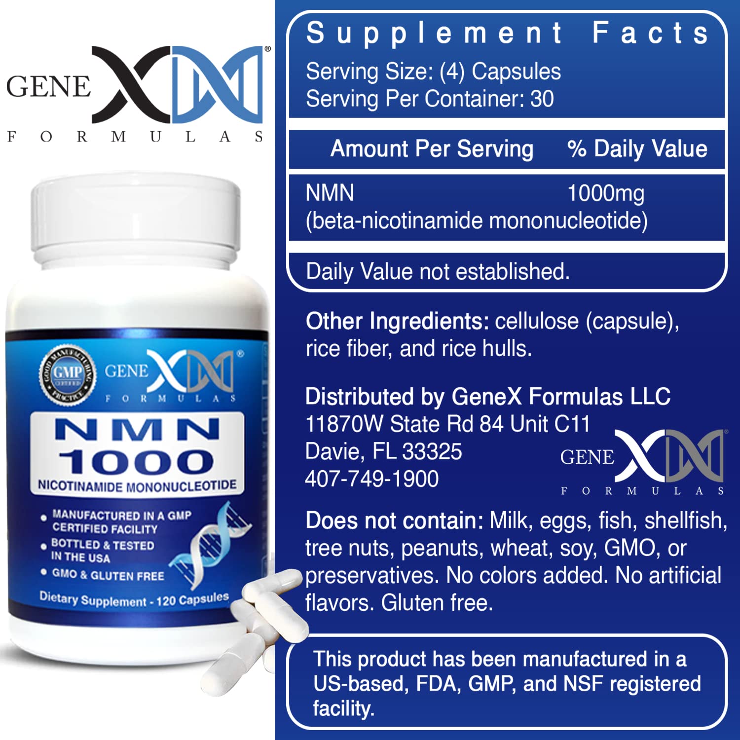 Genex Formulas NMN 1000mg - 99% Pure Shelf Stabilized Supplement Capsules for Increased NAD Levels & Healthy Aging, GMP Certified, 1000mg per Serving, 120 Capsules Genex Formulas uk supplements