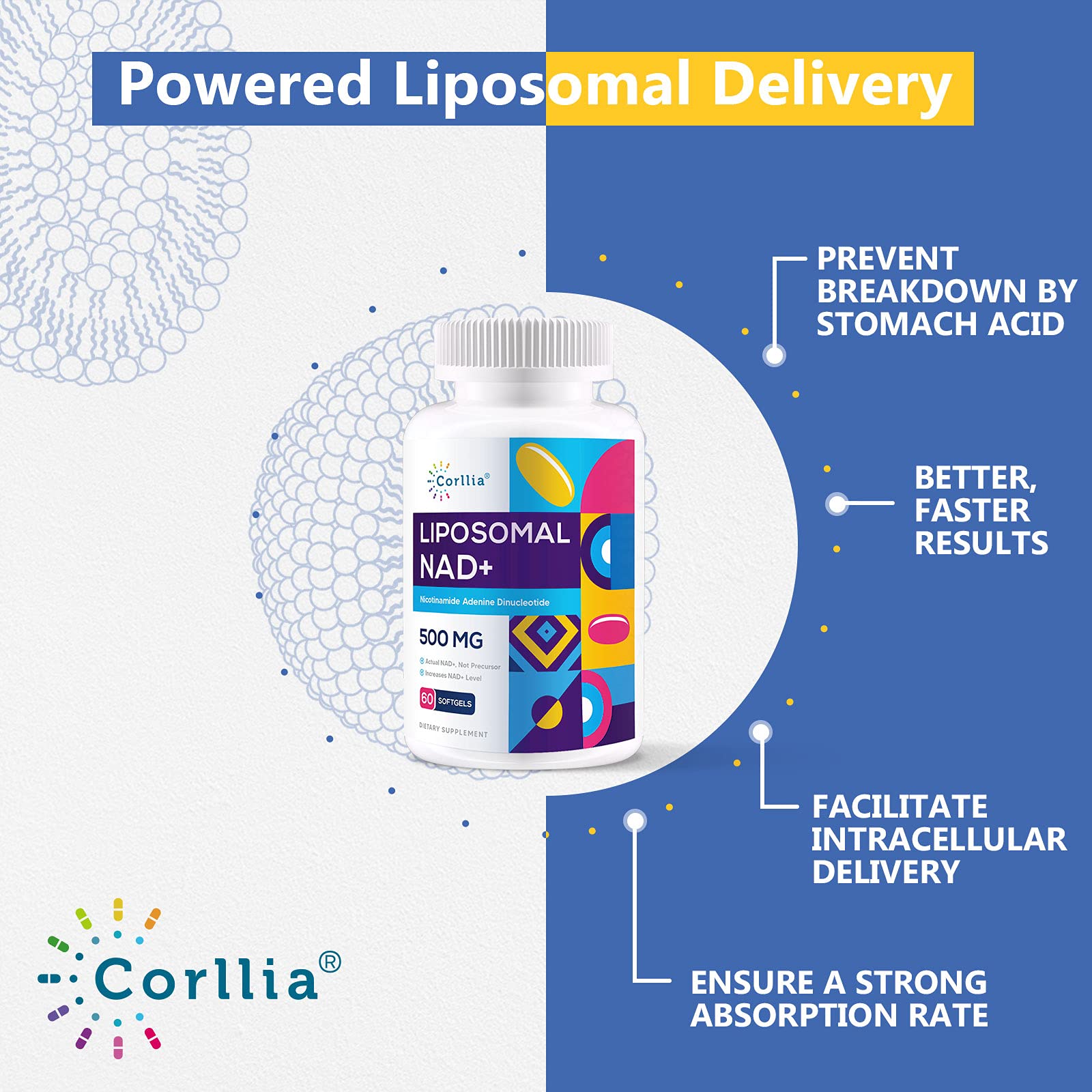 Liposomal NAD+ 500mg with TMG 250mg Softgels, Nicotinamide Riboside Alternative, Actual NAD+ Supplement, 120 Servings Corllia uk supplements