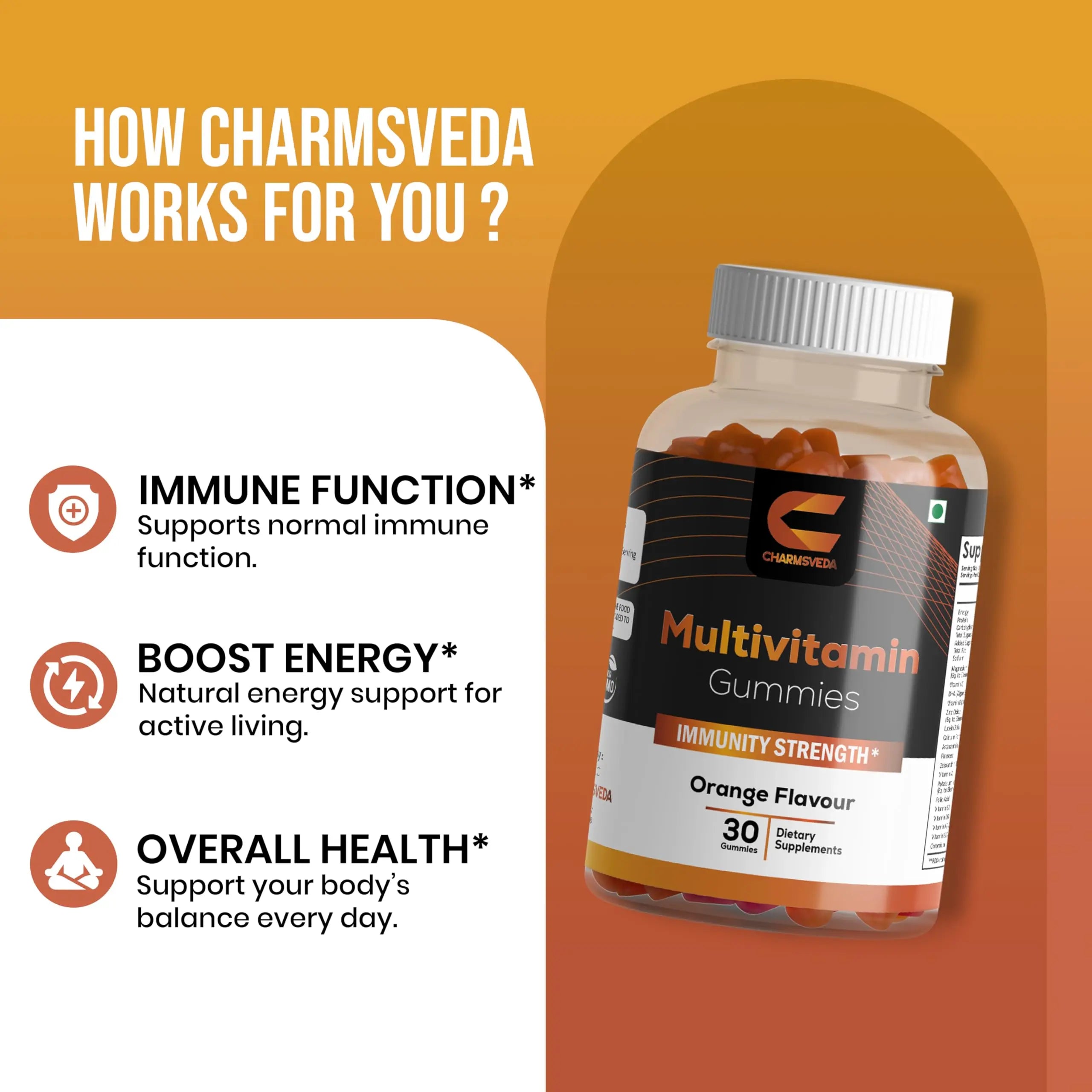 CHARMSVEDA Multivitamin Gummies – Energy, Immunity & Overall Wellness with DHA, Vitamin C, Zinc & Antioxidants – Orange Flavour – 30 Gummies CHARMSVEDA uk supplements