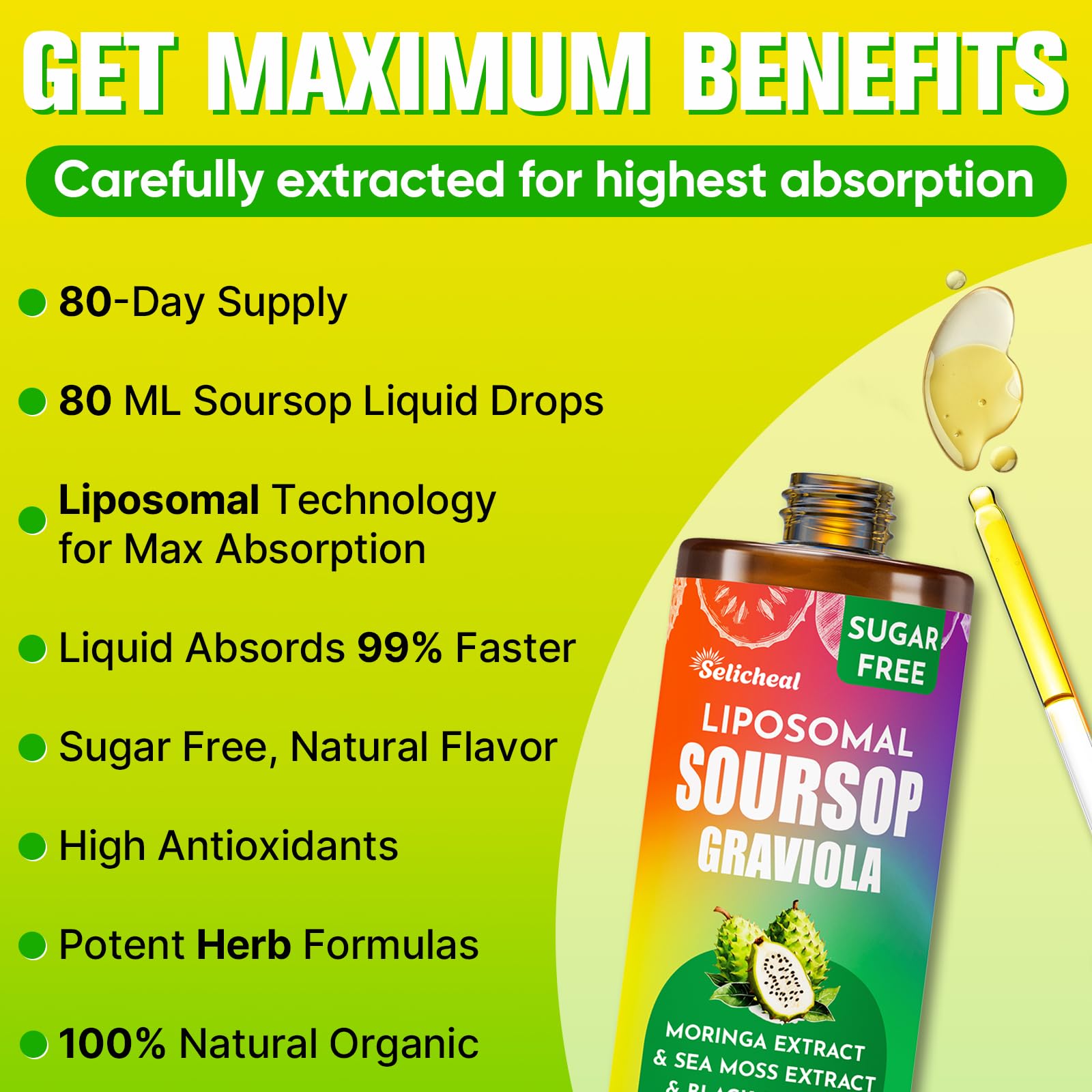 (80ML) Supplement Liquid Drops, 10 in 1 Soursop Multivitamin Drops with Leaf Extract & Sea Moss, for Cell Support & Regeneration, Immunity, Gut, Zzz, Skin & Antioxidant | 2.8 Fl Oz - 80 Days Supply Selicheal uk supplements