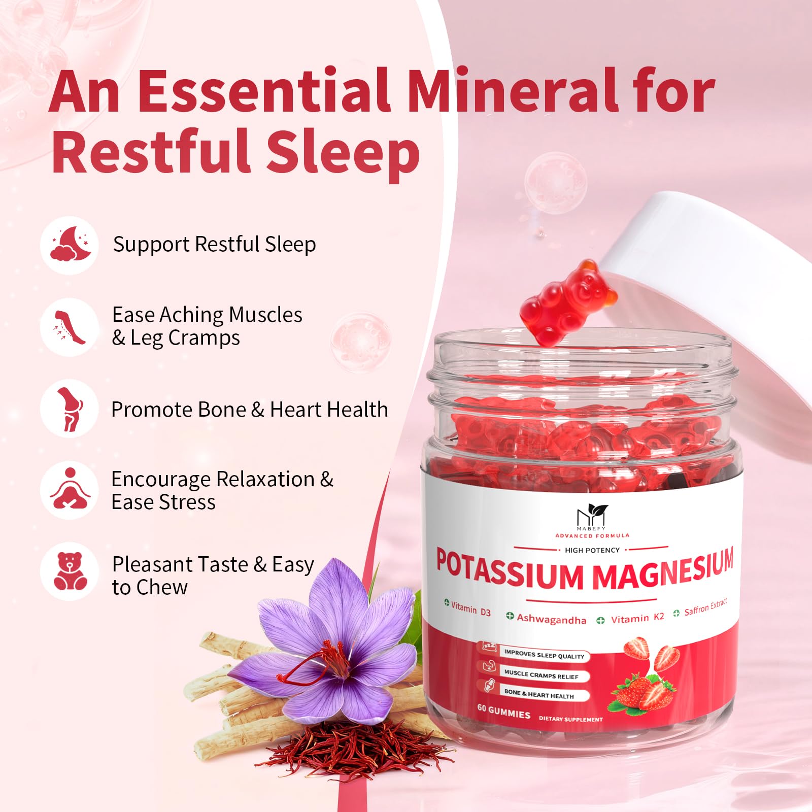 2 Pack Potassium Magnesium Gummies, Sugar Free Potassium Supplement Magnesium Glycinate 500mg, Ashwagandha, Vitamins D3, C, B6, Calcium & Zinc for Sleep, Leg Cramps & Muscle Relaxation-120 Count MABEFY uk supplements